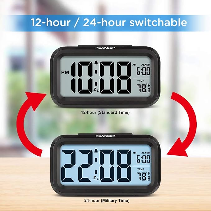 Peakeep Night Light Digital Alarm Clock Battery Operated Indoor Temperature | Small Cordless Cute Clock for Bedroom Desk Travel, Simple to Use for Teens Kids (Black)