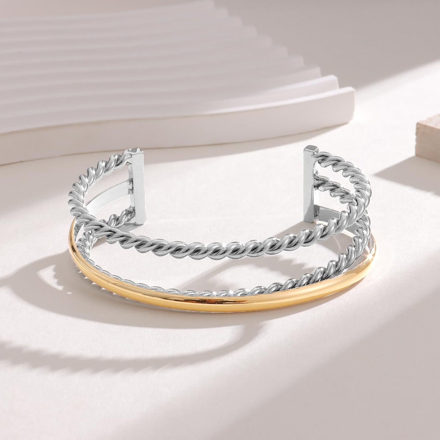 VEDAIM Two Tone Twisted Chain Cuff Bracelet for Women Gold & Silver Mixed Metal Statement Open Bangle Jewelry