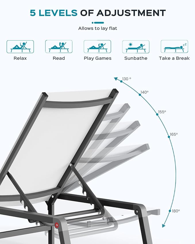 Patio Chaise Lounge Chair, Foldable Lounge Chair for Outside, Aluminum Chairs Set of 2 with 5 Adjustable Backrest, Outdoor Pool Lounger for Poolside, Lawn, Deck, White