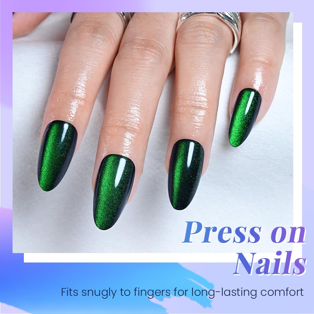 XZMeiLun Cat Eye Green Press On Nails Almond Medium Length, Magnetic Acrylic Fake Nails Stylish Design, Salon-Quality Shiny Finish, Reusable Stick On Nails Kit for Women, Daily Wear (No Glue Included)