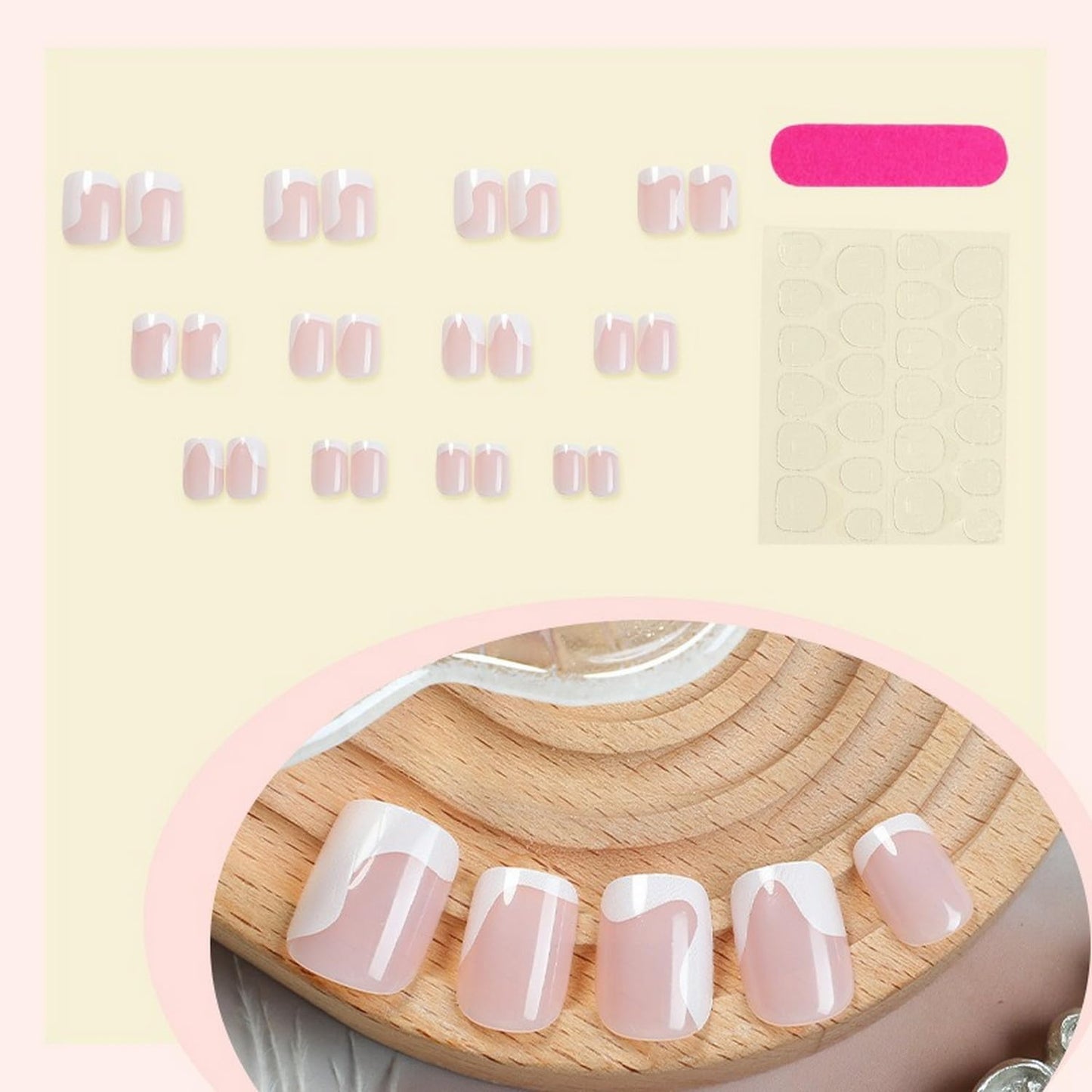 White French Tip Press on Nails Short Square MABKJLF Nude Fake Nails False Nails with Irregular Curve Line Designs Glossy Glue on Nails Acrylic Nails for Women Girls 24Pcs