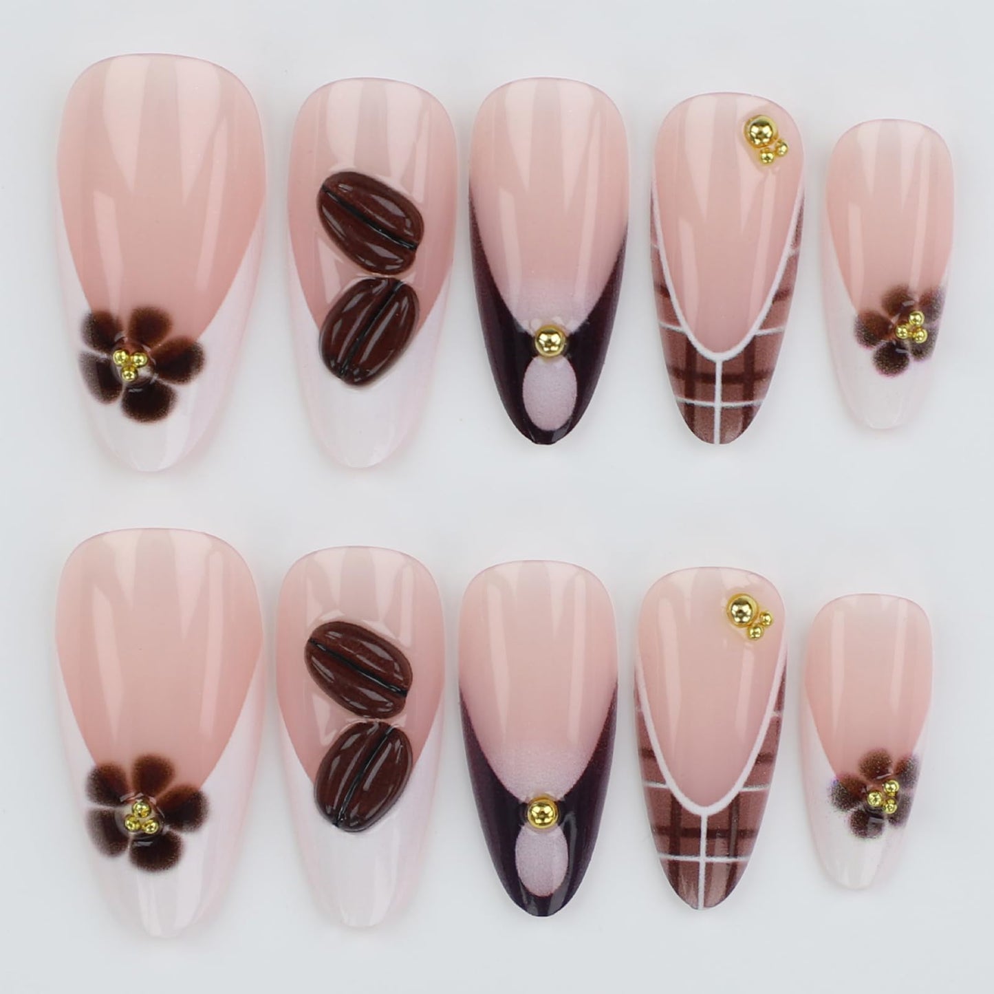 IMSOHOT Fall Press on Nails Almond Medium Fake Nails with 3D Coffee Bean Designs Glossy Brown French Tip False Nails Full Cover Acrylic Nail Kit for Women Manicure