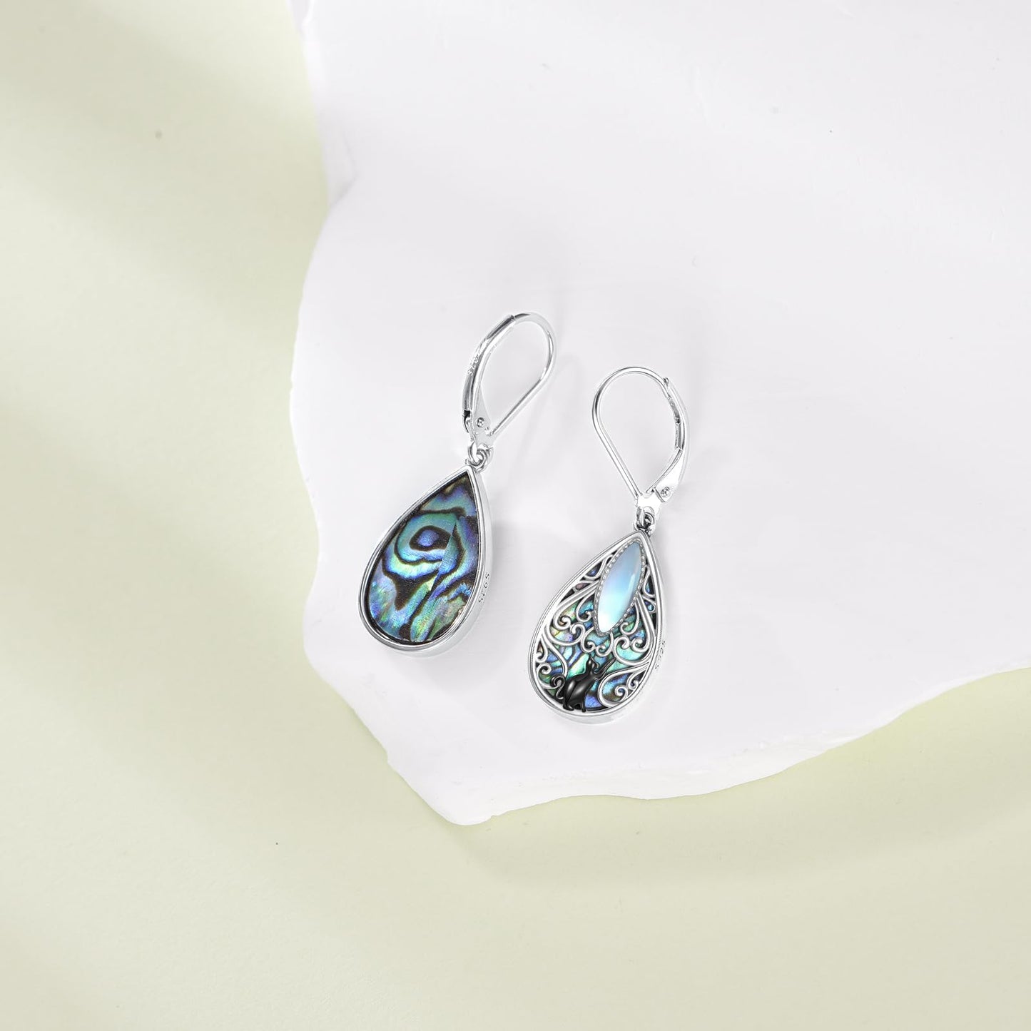 Cat Filigree Earrings Sterling Silver Teardrop Abalone Shell Drop Dangle Earrings Filigree Leverback Earrings Jewelry