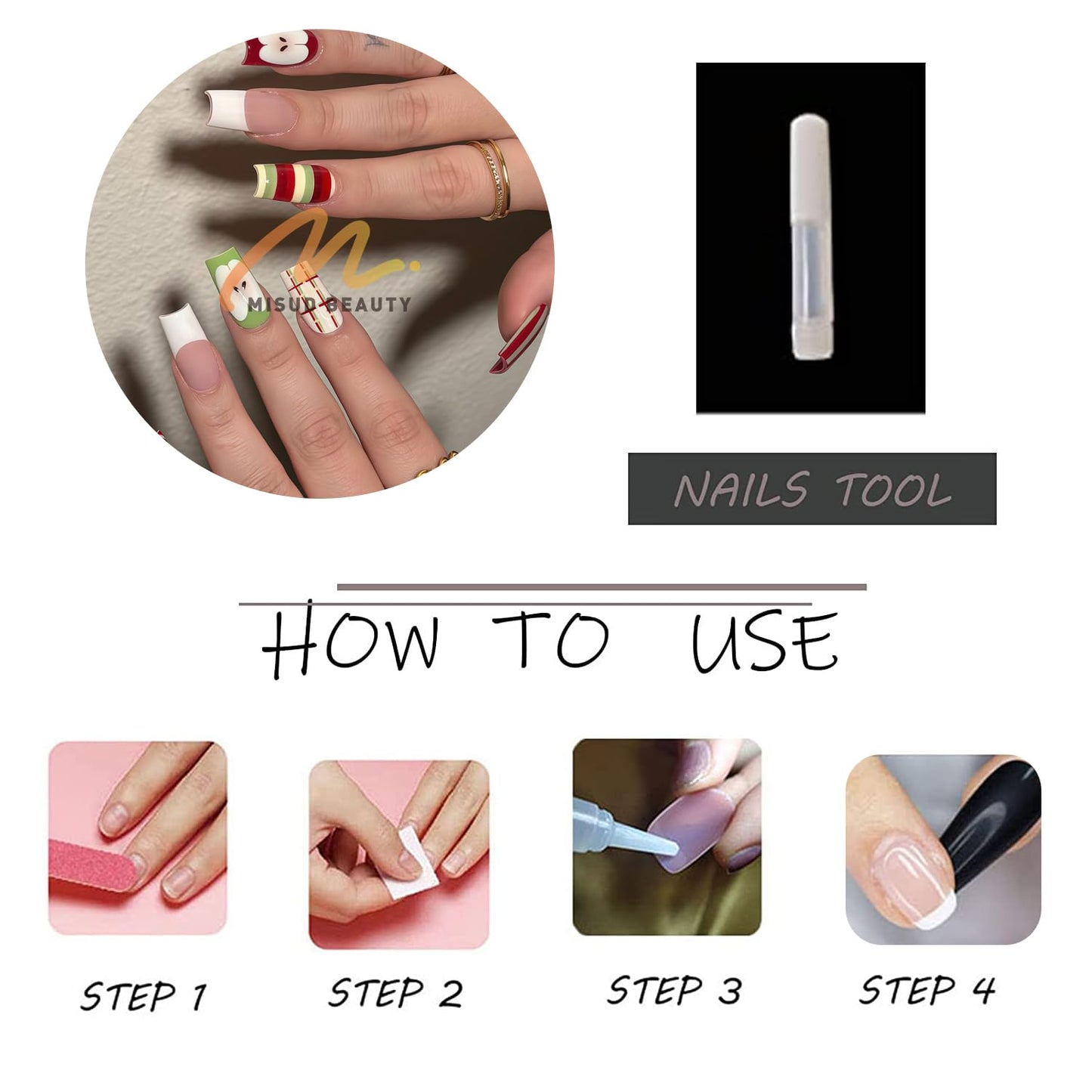 MISUD Press on Nails - Long Square Fake Nails with Red Green Apple, Acrylic Stripe French Tip Design 24 pcs
