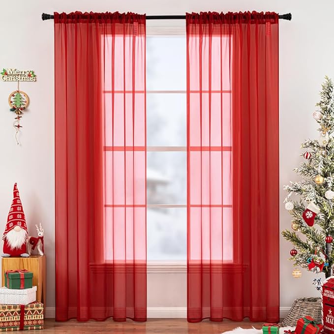MIULEE 2 Panels Red Solid Color Sheer Christmas Window Curtains Elegant Window Voile Panels/Drapes/Treatment for Bedroom Living Room (54X54 Inches)