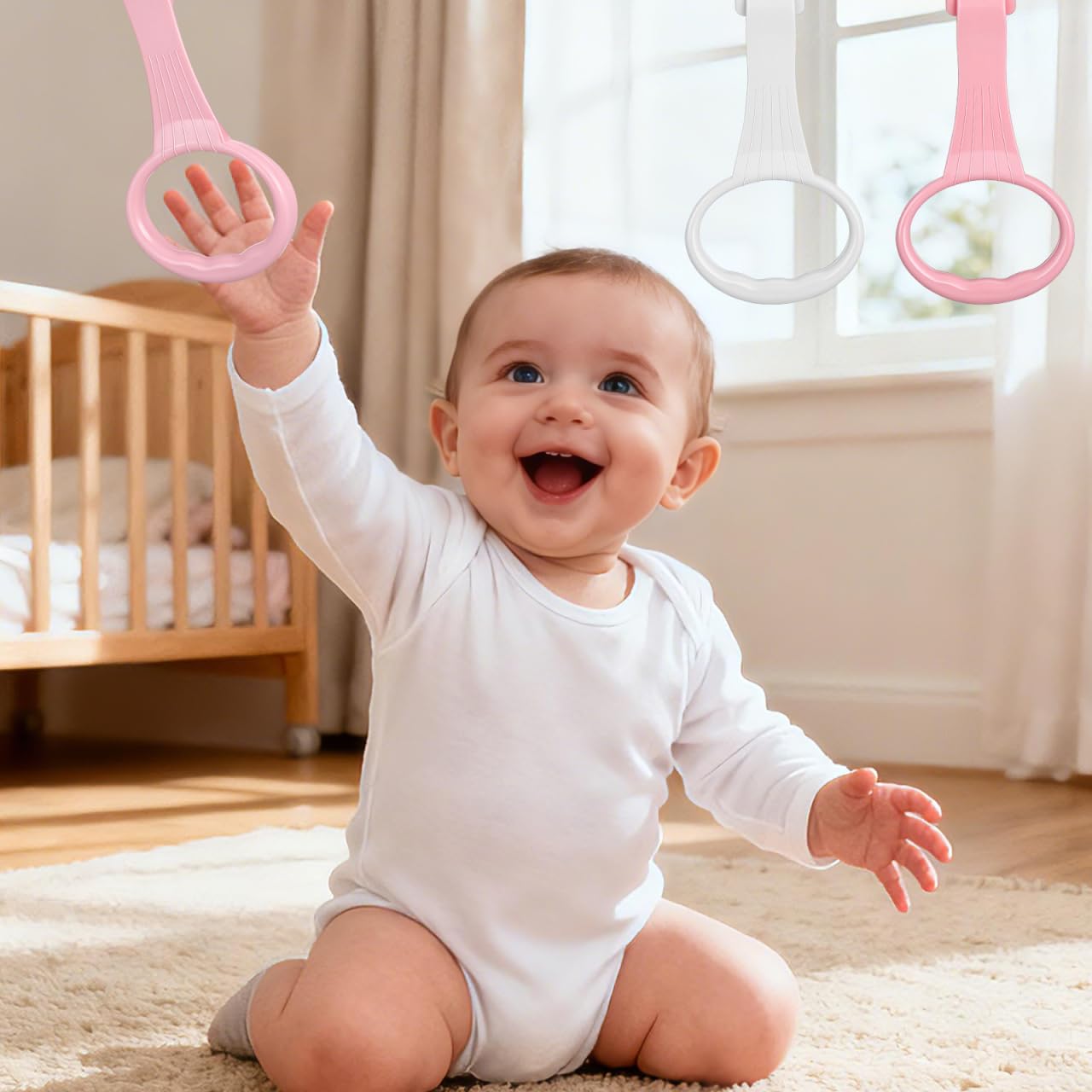 JECOMPRIS Pull up Rings 4 Pcs Set Toddler Handle Rings for Crib and Infant Walking Assistant Stand up Training Toy