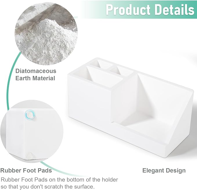 Diatomite Toothbrush Holders for Bathrooms, Quick Dry Electric Tooth Brush and Toothpaste Organizer Bathroom Accessories for Countertop, Vanity, Sink - White
