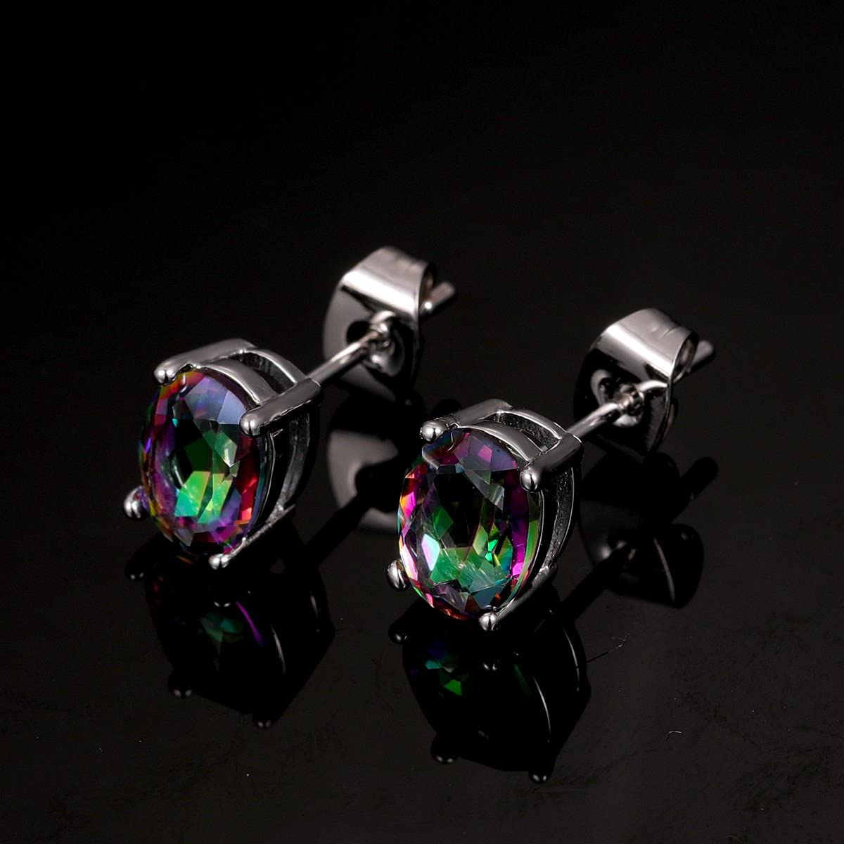Created Rainbow Quartz Stud Earrings for Women Men 18K White Gold Plated Round Square CZ Hypoallergenic Jewelry Gift