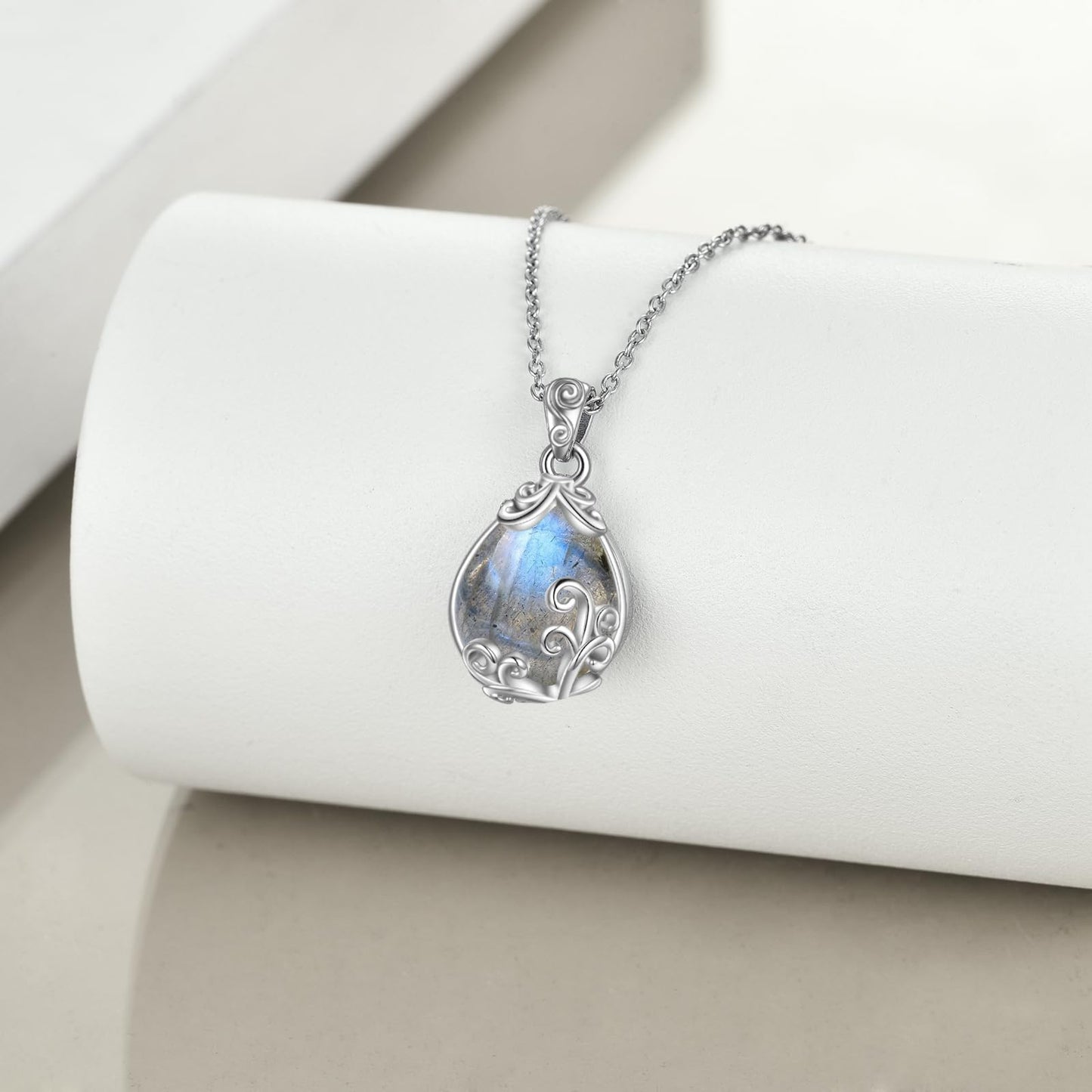 POPLYKE Sterling Silver Labradorite Filigree Teardrop Pendant Necklace Gemstone Crystal Jewelry for Women