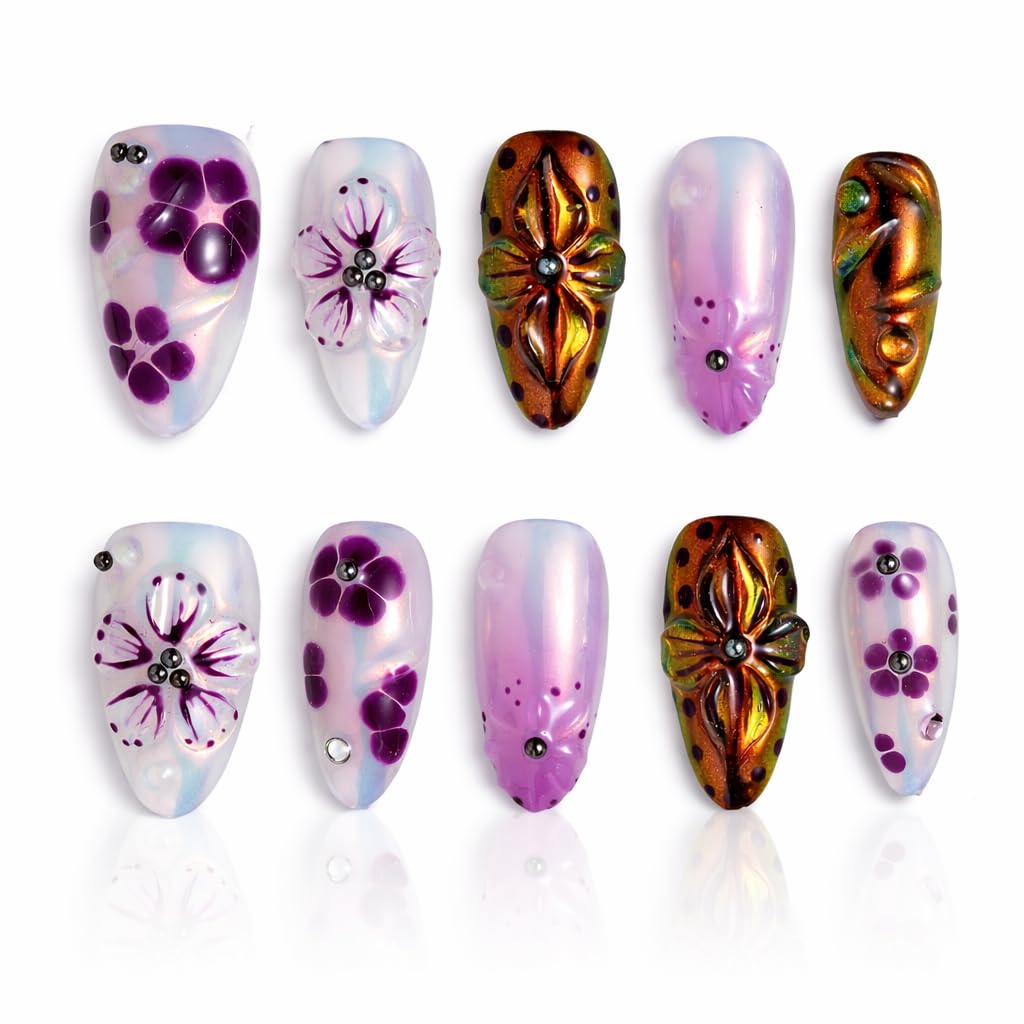 IntoVibes 10 Pieces Handmade Press On Nails Medium Almond, Purple Thickened False Nails With Floral Decoration, Reusable Fake Nails Almond, Reusable Acrylic Nails (M)