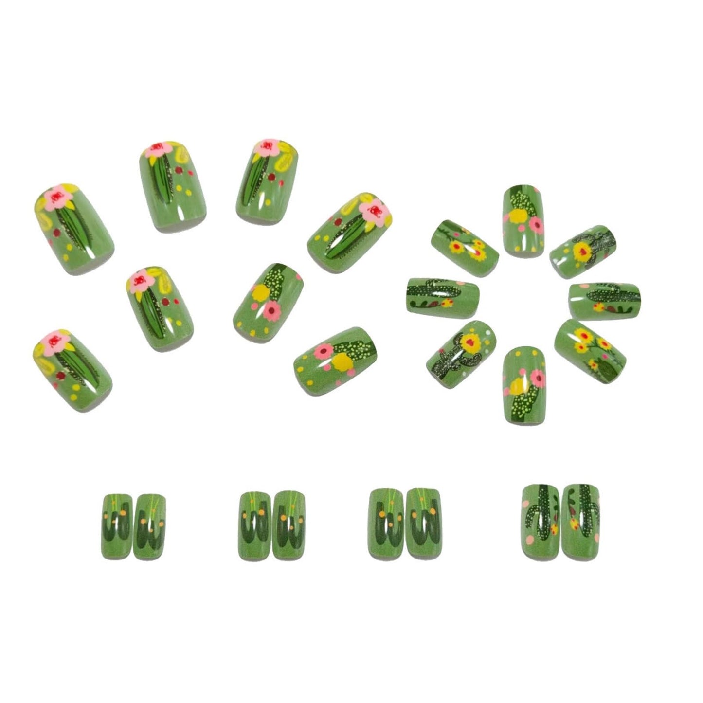 Short Rectangle Press on Nails Light Mint Green Base Dark Green Cactus Motifs Pink Stick on Nails Yellow Flower Glitter Dots Manicure Artificial Nails Suitable for Cute Fresh Unique Charming 24 Pcs