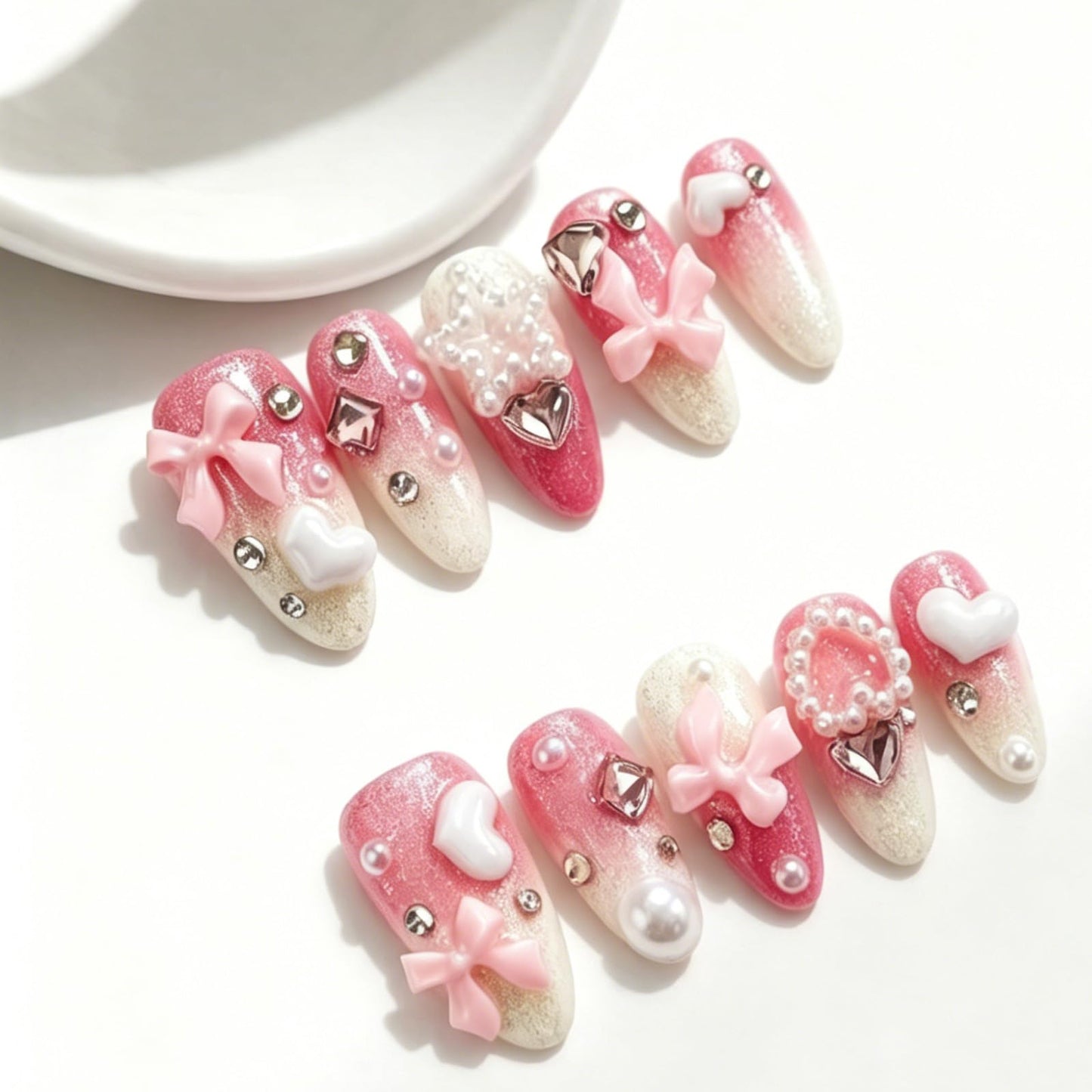 Hand made Press on Nails Medium Almond,Gradient Pink Fake Nails with Bow Art Design Reusable Nails for Women 10 Pcs(Size M)