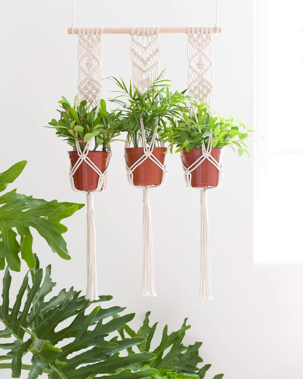 JOIZPAPA Macrame Plant Hanging Planter Hanger with Wood Dowel Cotton Rope Triple Wall Home Decor 33 Inch