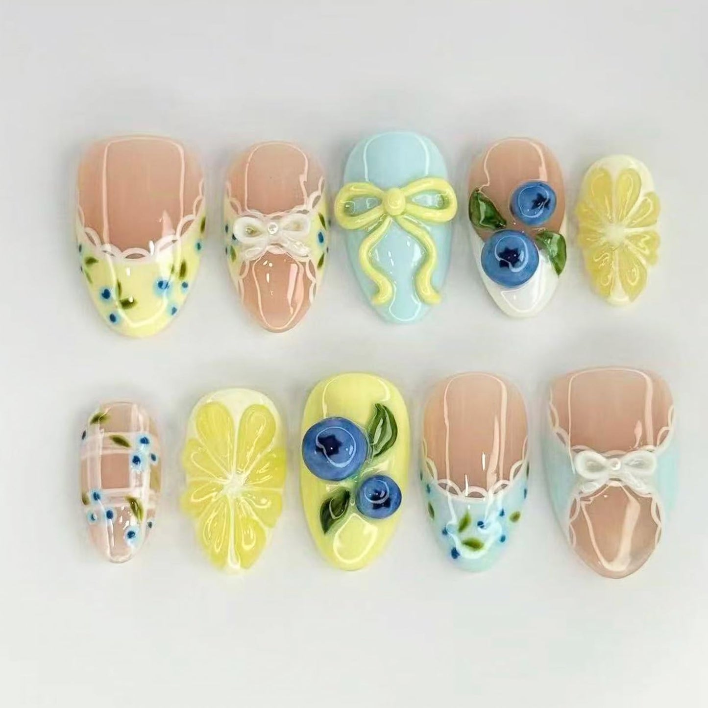 30Pcs Spring French Tip Press On Nails Short Almond Shape 3D Lemon Blueberry Bow Fake Nails Reusable Acrylic False Nails Cute Summer Fruit Themed Stick on Nails for Women DIY Acrylic Nails Kit