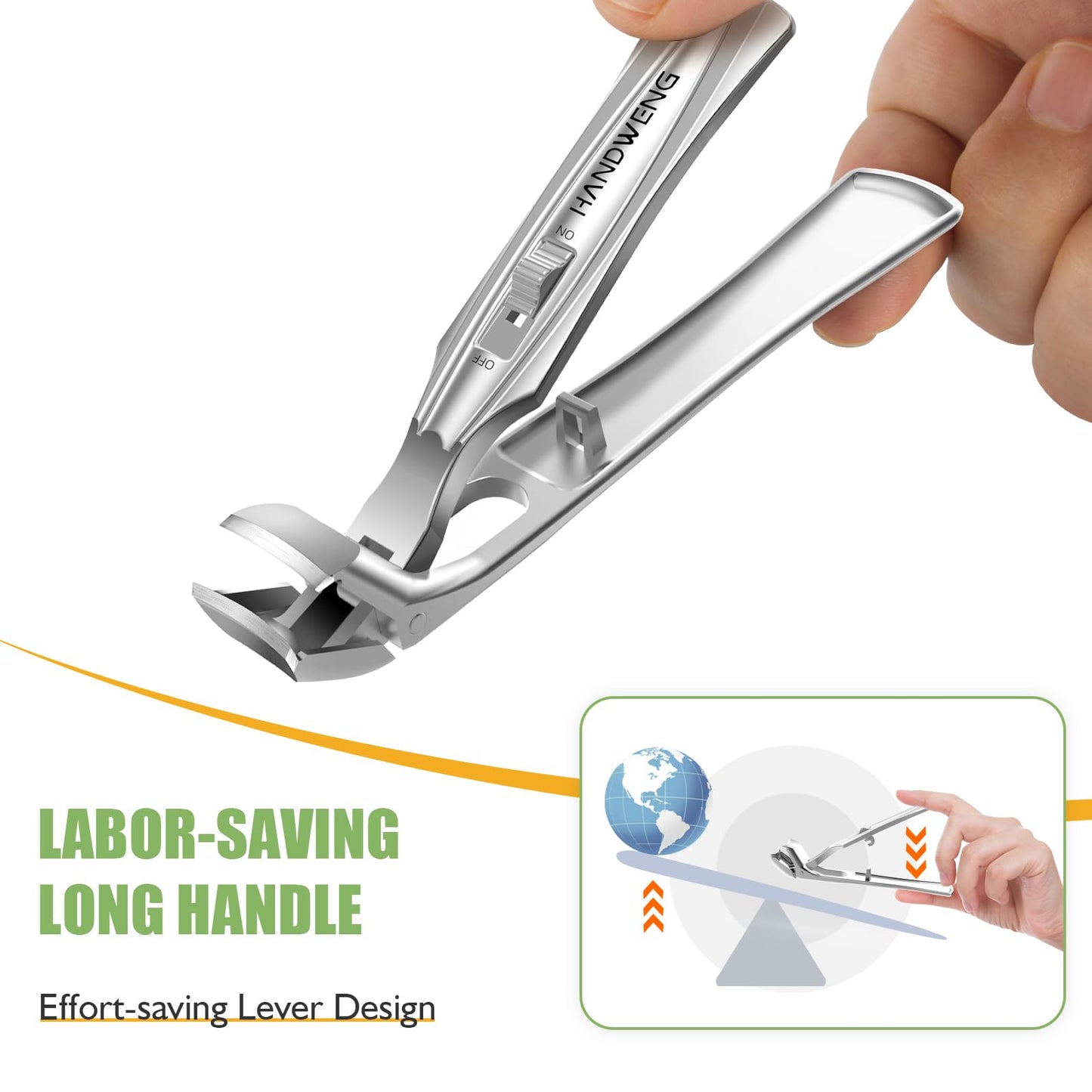 HANDWENG Toenail Clippers for Seniors Thick Toenails, Angled Head Large Toe Nail Clippers for Men with Wide Jaw Opening, Sharp Heavy Duty Fingernail Clipper Cutter with Catcher Long Handle - Silver