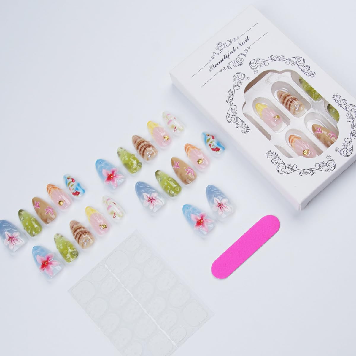 30Pcs Summer Press on Nails Medium Almond French Tip Fake Nails 3D Gold Shell Rhinestones with Flower Chinese Style Zen Ocean Designs Koi Fish False Nails Cute Stick on Nail for Women Acrylic Manicure