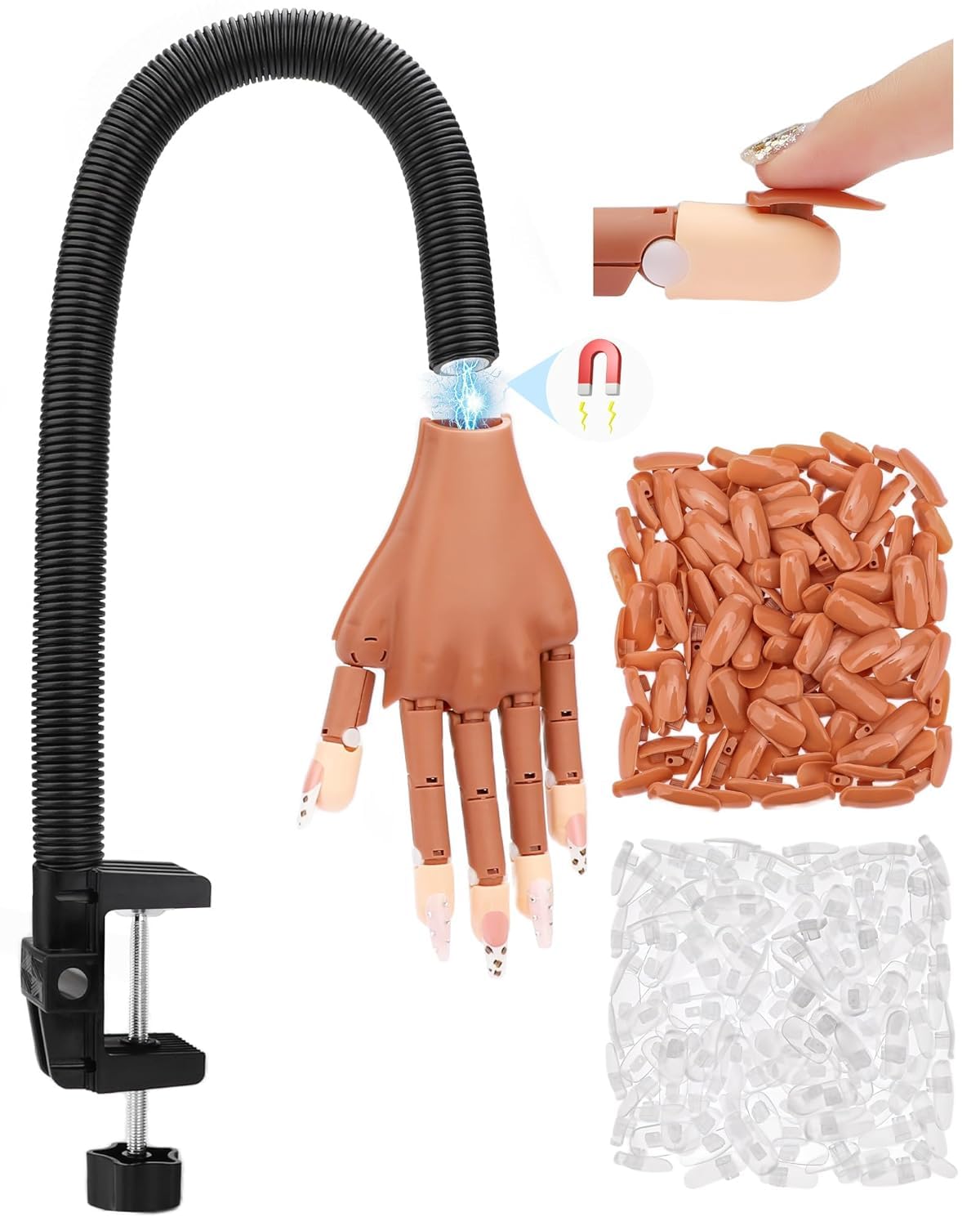 Practice Hand for Acrylic Nails, Flexible Nail Practice Hands Magnetic Fake Hands for Nails Practice, Movable Nail Mannequin Hand with 200PCS Nail Tips for Beginners