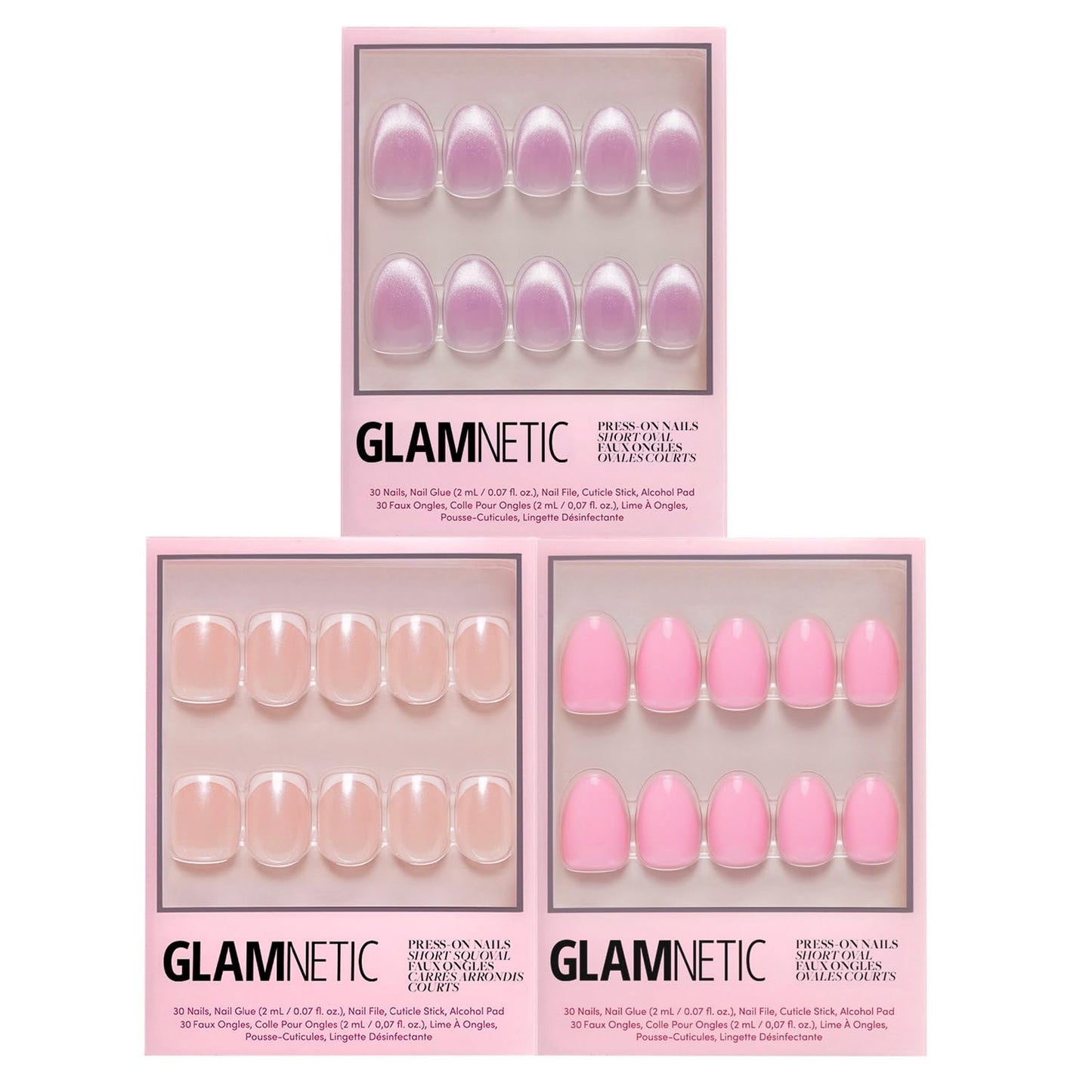 Glamnetic Press-On Nails Bundle - La Perle, Think Pink & Think | Squoval White Nails with French Tips | Light Pastel Oval Fake Nails | Oval Beige-Pink False Nails with a Metallic