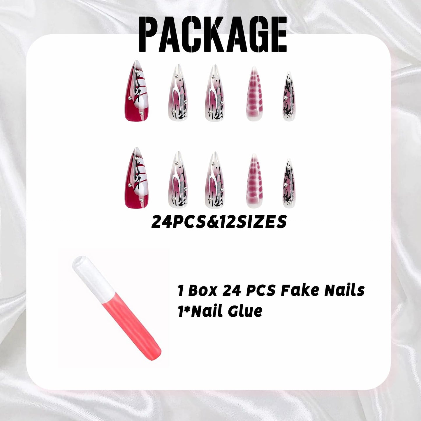 IMSOHOT Stiletto Press on Nails Long Gothic Fake Nails Black Red Ombre Glossy False Nails with Metal Cross Charms Designs Full Cover Glue on Nails 24PCS
