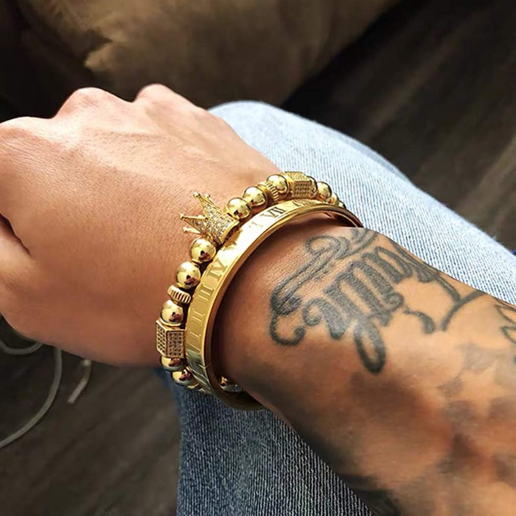 Jarlinwel Gold Silver Plated Bracelets for Men Women Roman Numeral Bangle Bracelet Stainless Steel Personalized Engraved Unisex Gift (Gold 8mm Mens)