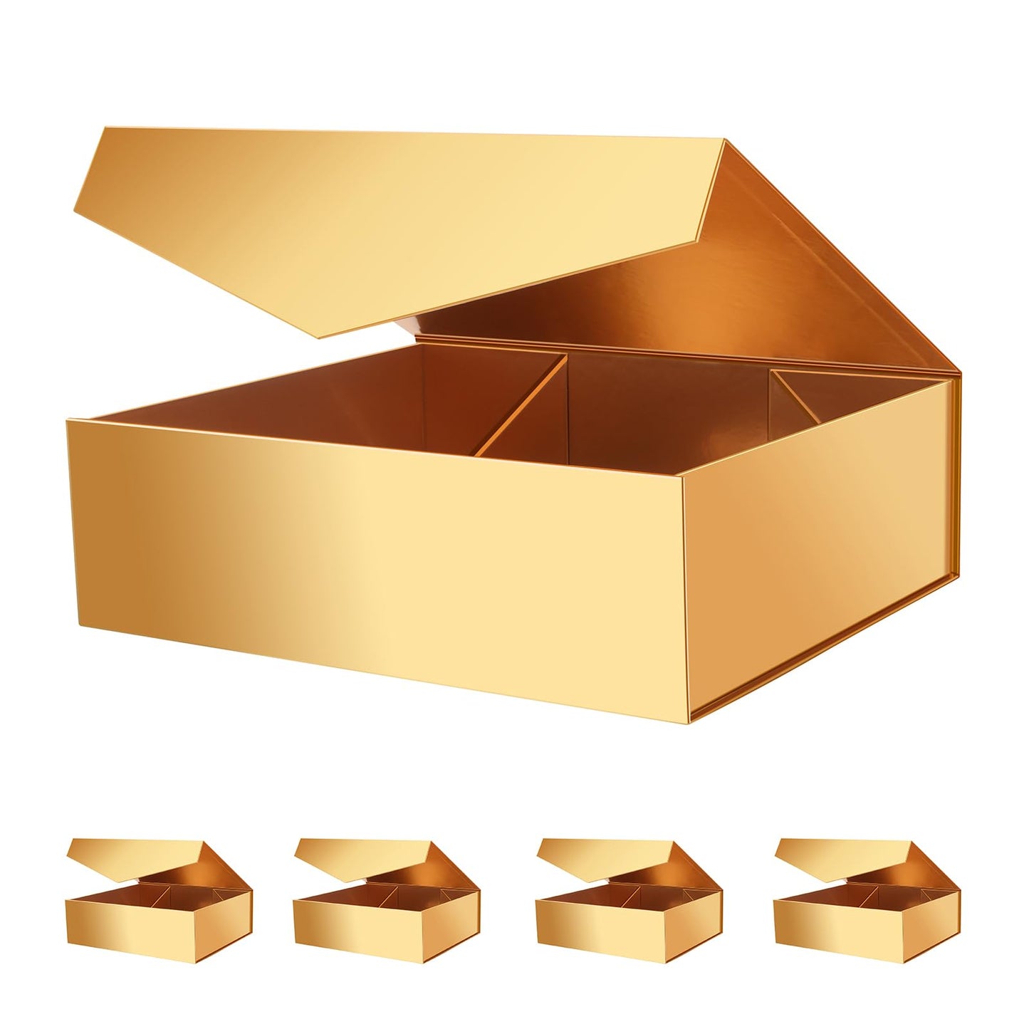 JINGUAN 5 Extra Large Gift Boxes with Lids, 16.3x14.2x5 Inches, Gold, Bridesmaid, Christmas Magnetic Gift Boxes for Clothes and Large Gifts
