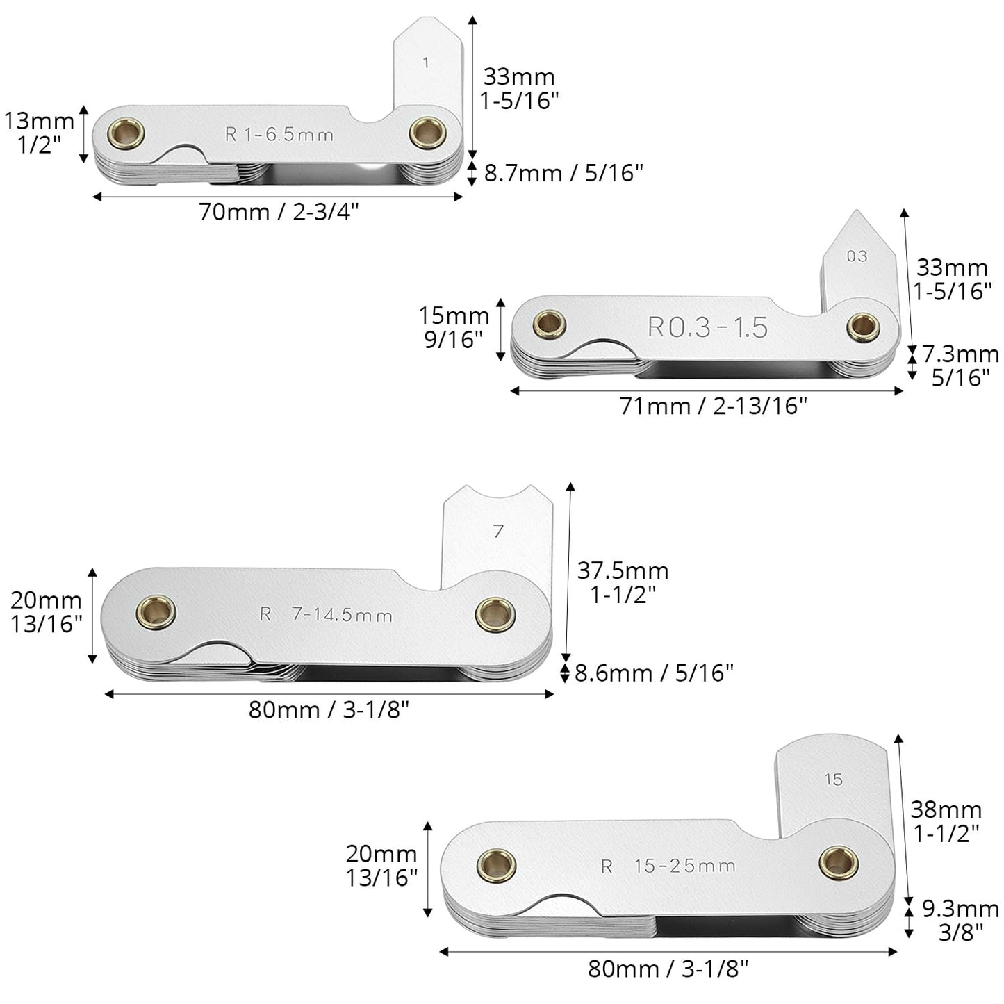 QWORK 4 Pack Radius Gauge Set, Precision Stainless Steel Measurement Tool for Convex & Concave Surfaces, R0.3-1.5mm/ R1-6.5mm/ R7-14.5mm/ R15-25mm
