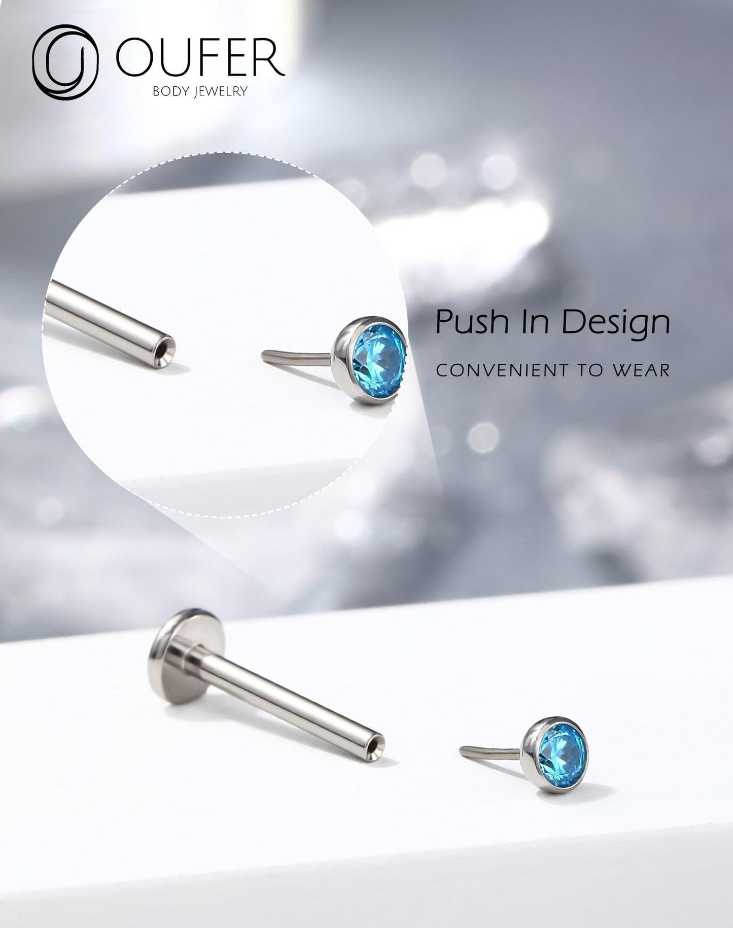 OUFER Titanium Threadless Labret Stud 16G for Conch, Helix, Tragus, Medusa – 6mm Push-in Flat Back Piercing Jewelry with 3mm CZ, Skin-Friendly Design