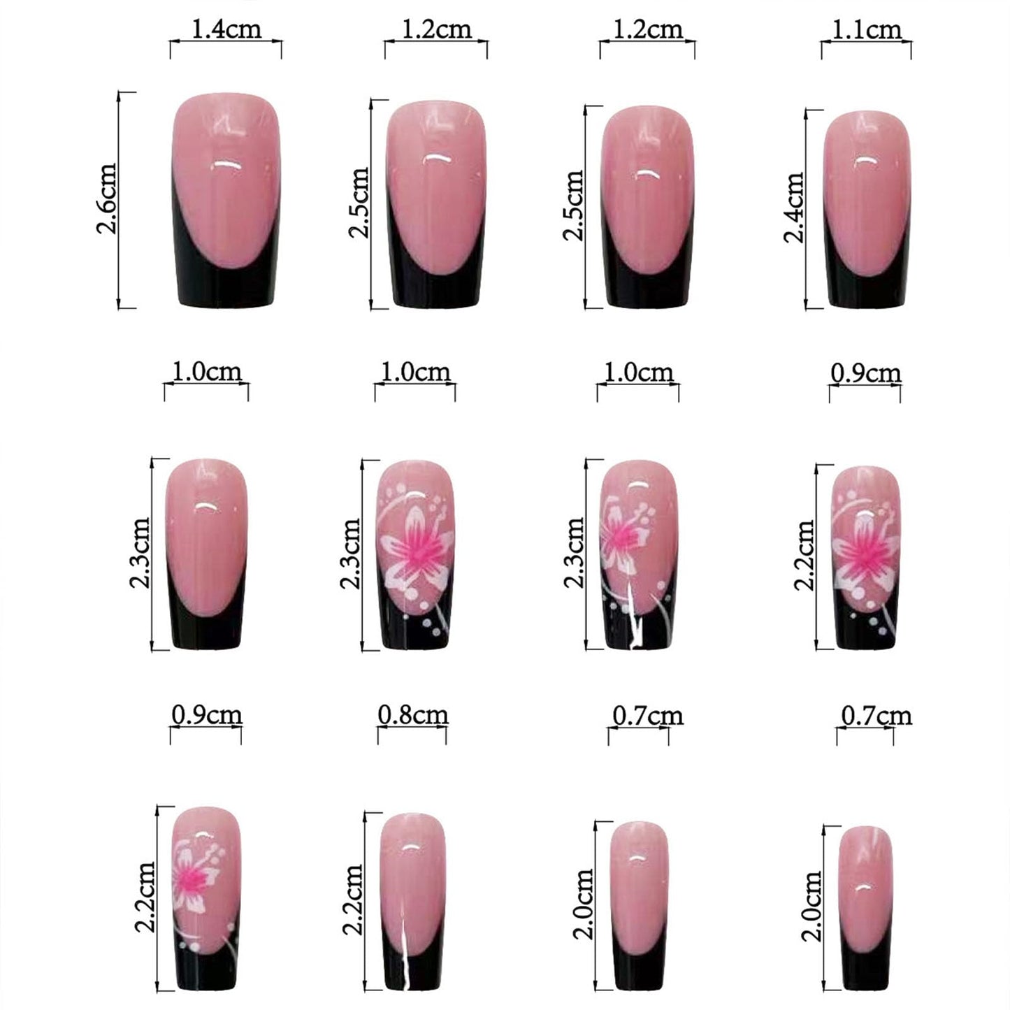 IMSOHOT Medium Press on Nails Square Black French Tips Fake Nails Artificial Full Cover Pink Flower False Nails Reusable Gel Nail Kit Glossy Glue on Nails for Women Girls 24Pcs, Purple