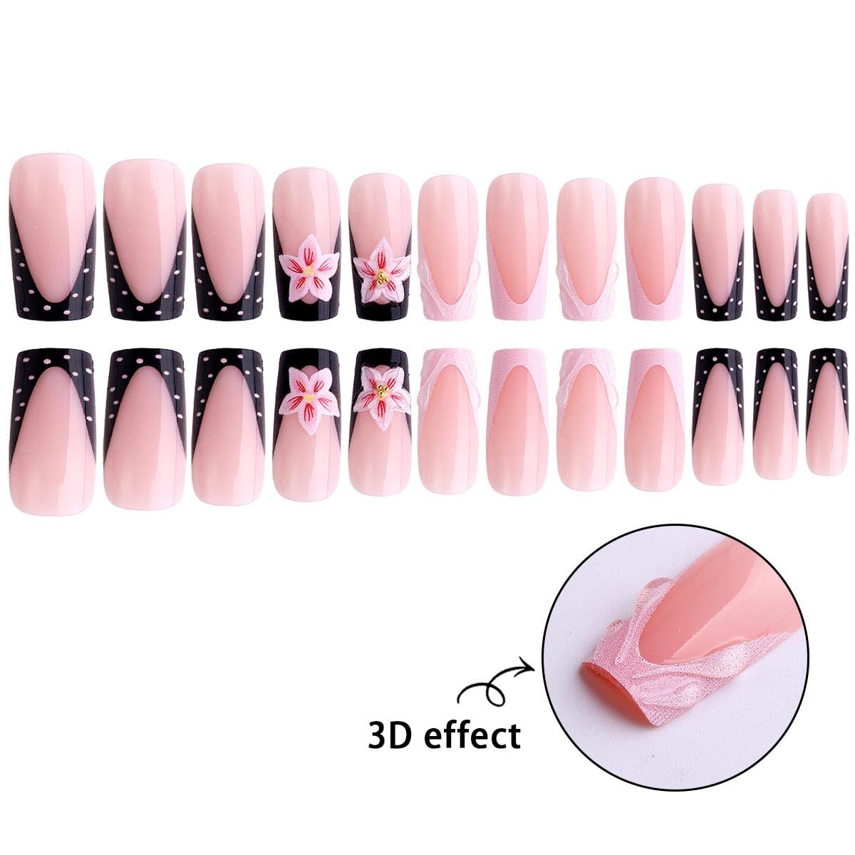 Shell French Tip Press on Nails Square Medium Fake Nails with 3D Flower Rhinestone Spot Design Full Cover Glossy Stick on False Nails for Women 24 Pcs