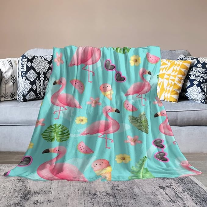 Flamingo Blankets Gifts - 60 x 80 Inches Cute Throw for Adults - Green Soft Fuzzy Plush Flamingo Blankets for Living Room