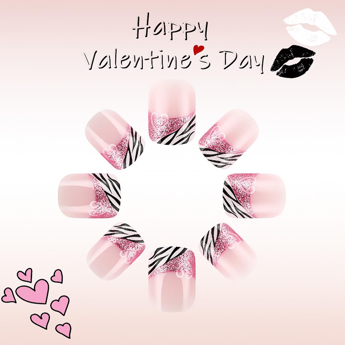 24Pcs Valentines French Tip Press on Nails Short Square Fake Nails Pink Red Heart Design Red Lips False Nails Glossy Full Cover Artificial Glue on Nails Glitter Stick on Nails for Women Manicure Kit