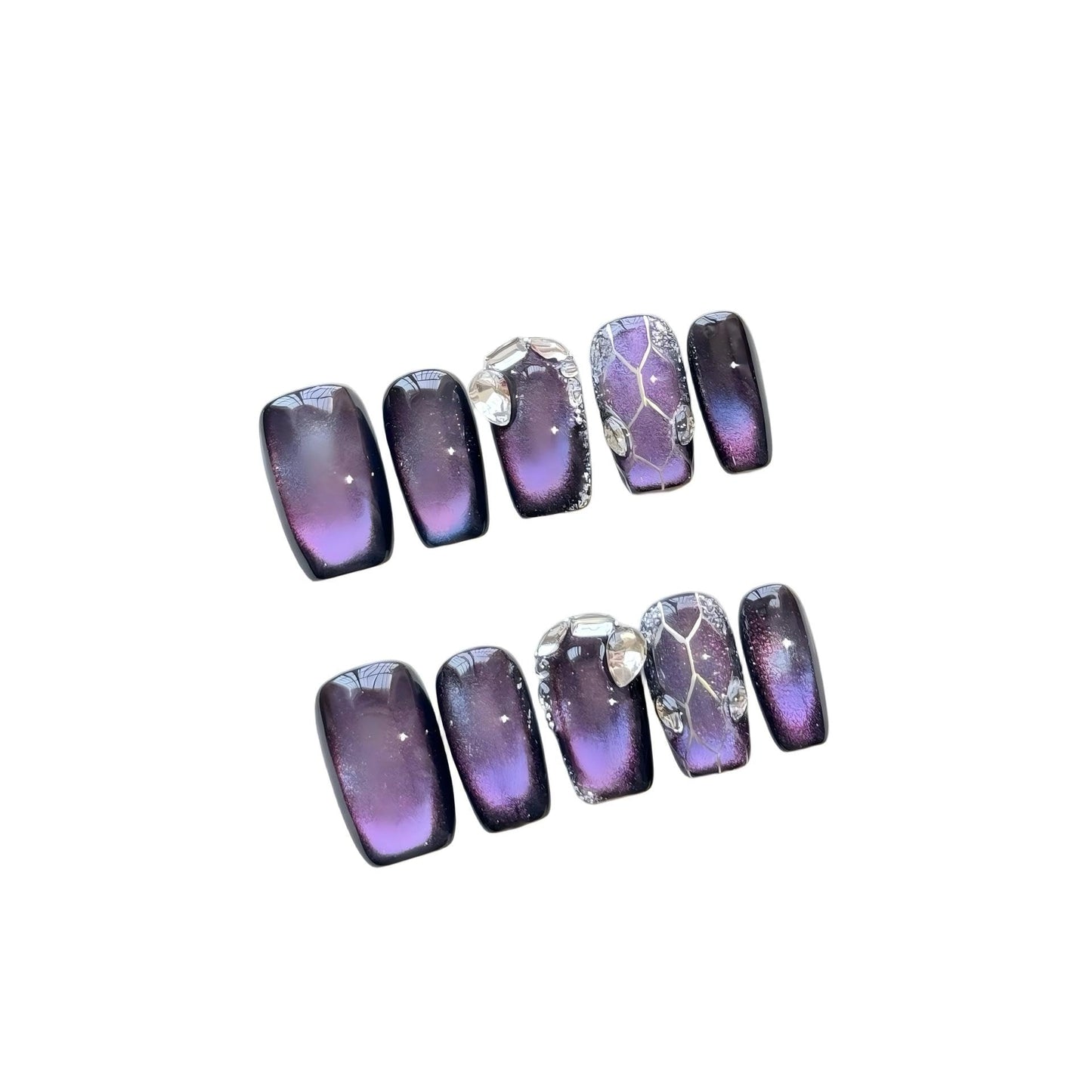 Purple Cat Eye Press On Nails - Galaxy Nebula Design with Crystal & Cracked Stone Accents, Short Coffin Shape, Reusable False Nails for Women (S)