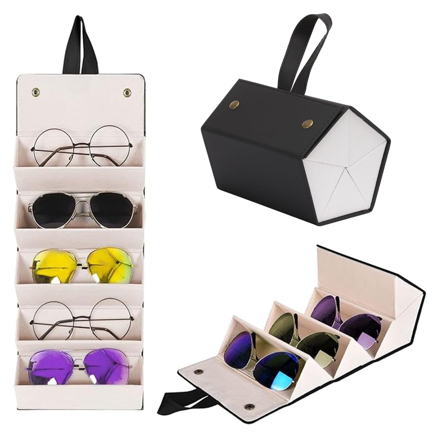 MEGREZ 5 Slots Sunglasses Organizer Box, PU Leather Foldable Woman Eyeglass Case Eyeglass Organizer Storage, Multiple Sunglass Holder for Travel, Black