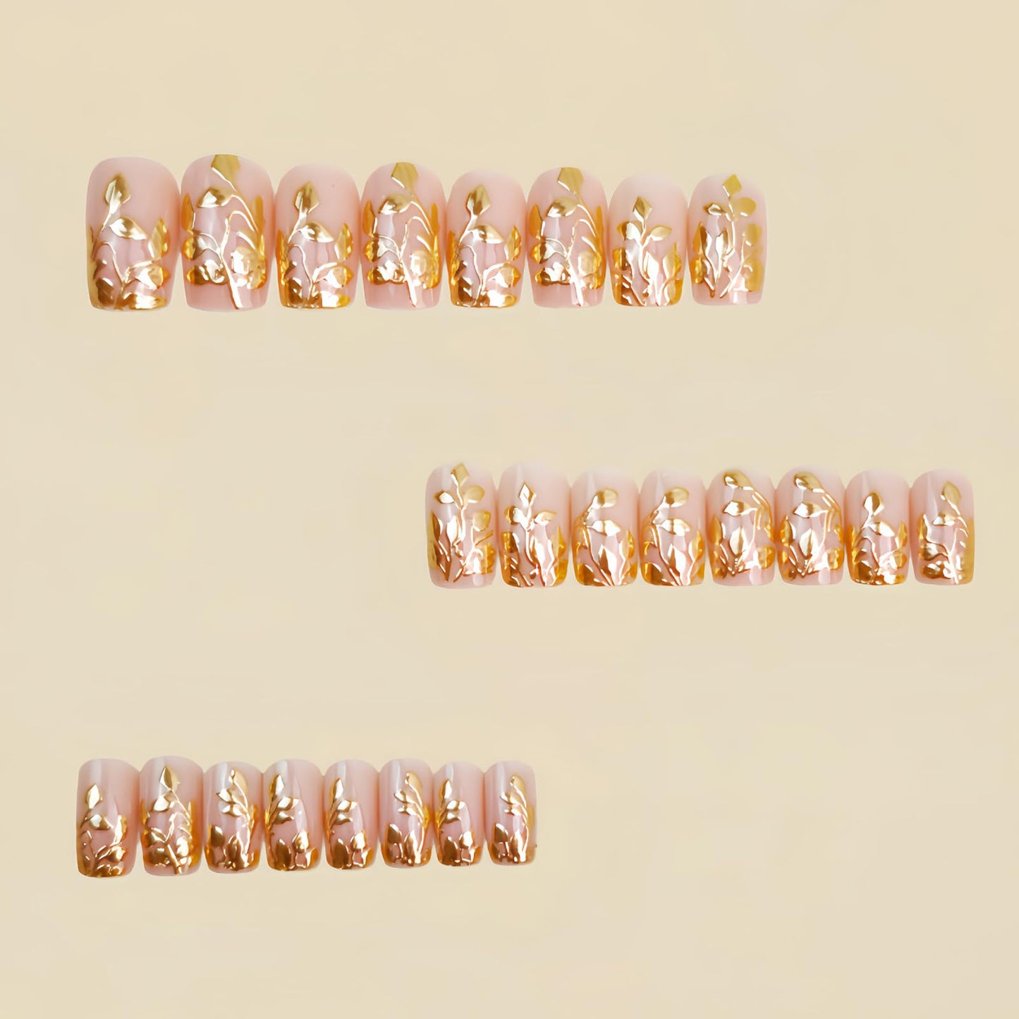 SINHOT Square Press on Nails - Short Fake Nails, Glossy Finish, Gold Chrome Leaves & Nude Natural, DIY Artificial False Nail Art - 24 Pcs Nail Kit with Glue