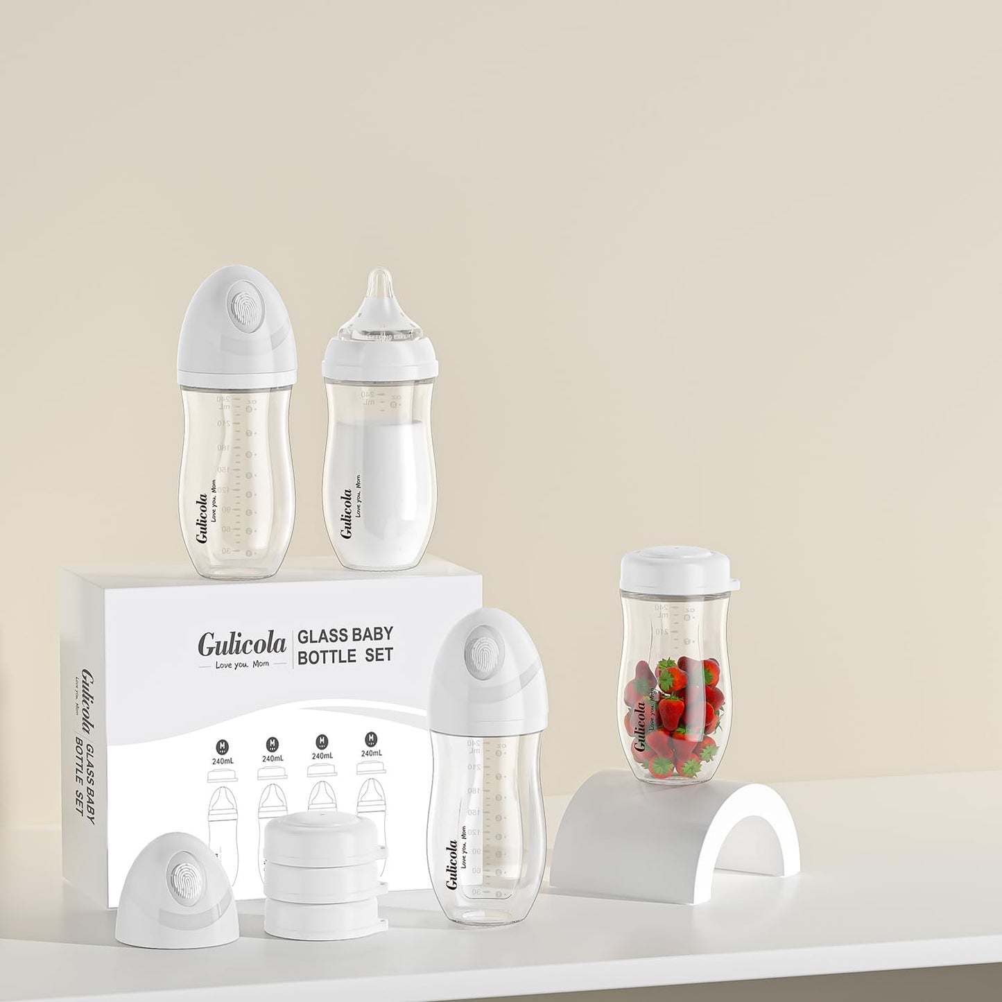 Gulicola Natural Glass Baby Bottle 8 oz for Breastfed Babies, Anti-Colic Baby Bottle Set with Medium Flow Nipple, 3 Months +, 4 Pack - White