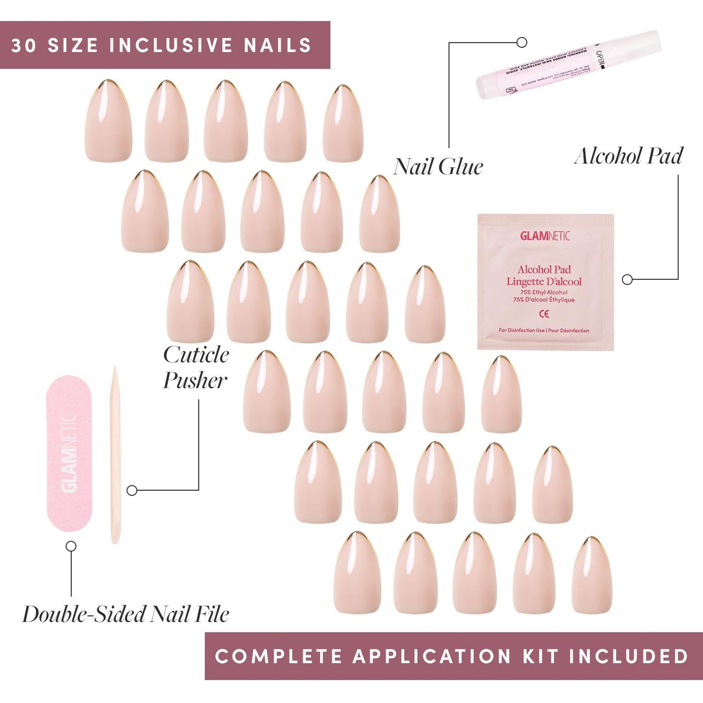 Glamnetic Press-On Nails & Adhesive Nail Tabs - Gold Standard | Short Almond Fake Nails with Gold French Tips | 15 Sizes - 30 Nail Kit with Adhesive Tabs
