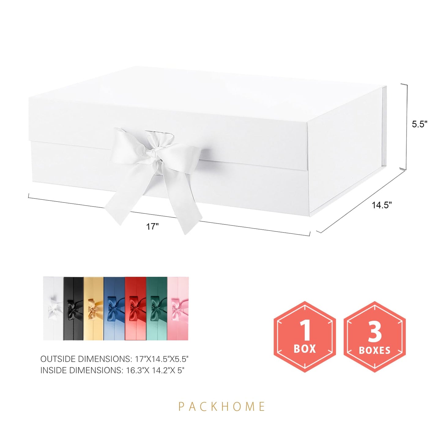 PACKHOME Mother's Day 17x14.5x5.5 Inches, Extra Large Gift Box with Lid, Magnetic Closure Boxes with Ribbon for Clothes and Large Gifts (Glossy White)