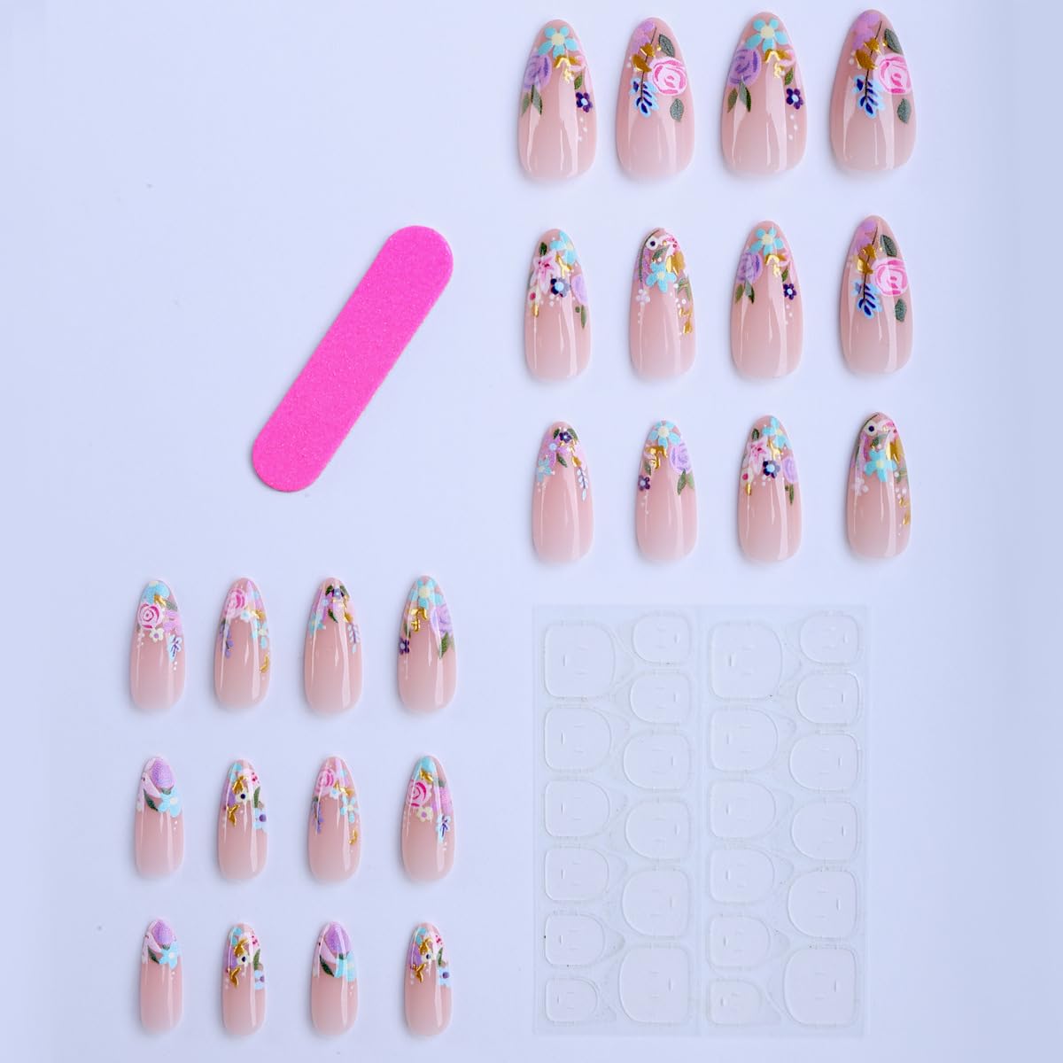 plalely Long Press on Nails Almond, Acrylic Press on Nails with Flower Designs, Long Almond Nail Tips for Women 24pcs