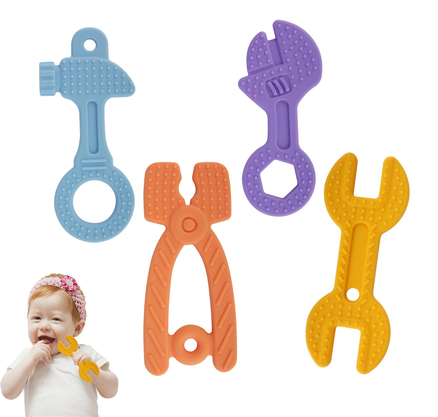Chuya Baby Teether Toys, Chew Toy, Baby Teething Toys Teething Relief for Infant Toddlers, Hammer Wrench Easy to Hold Silicone BPA-Free (4 Pack)