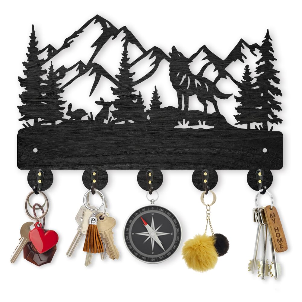 MAYJOYDIY Wolf Rabbit Forest Coat Hooks Wood Animal Moutain Key Holder Wall Mount 11.8×7.9inch Key Hanger Wall Art Decor 5 Alloy Hooks Black Key Rack Organizer for Gift Entryway Hallway Kitchen Room