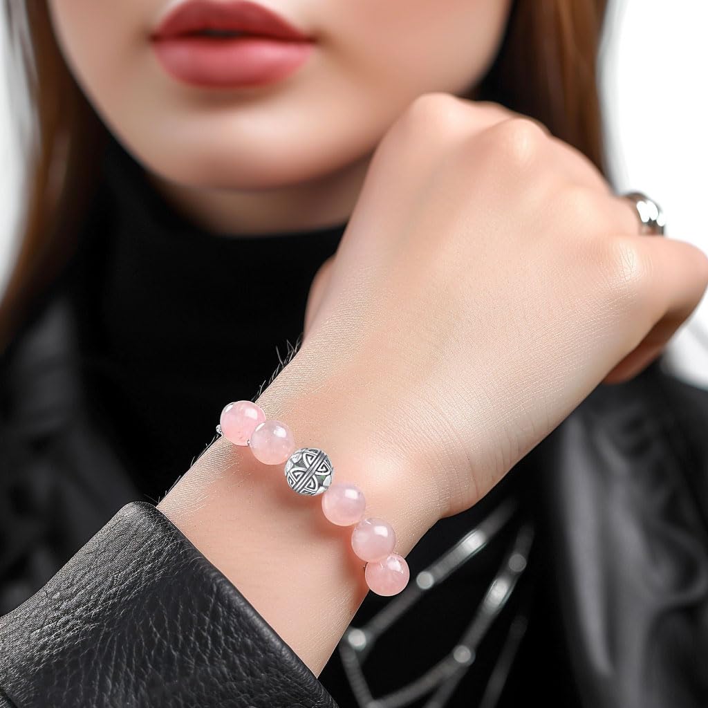 MetJakt Healing Crystals Beaded Bracelets for Womens Natural Gemstone 8mm Beads Stretch Bracelets with 925 Sterling Silver Double Happiness Pendant (Rose Quartz)