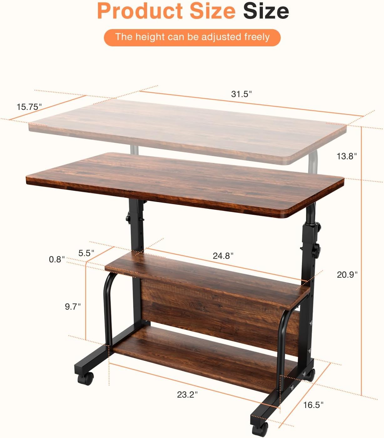 QZMDSM Portable Rolling Desk on Wheels Adjustable Height Desks for Small Spaces, 32" Computer Desk Drafting Tables with Storage Shelves for Home Office Rustic