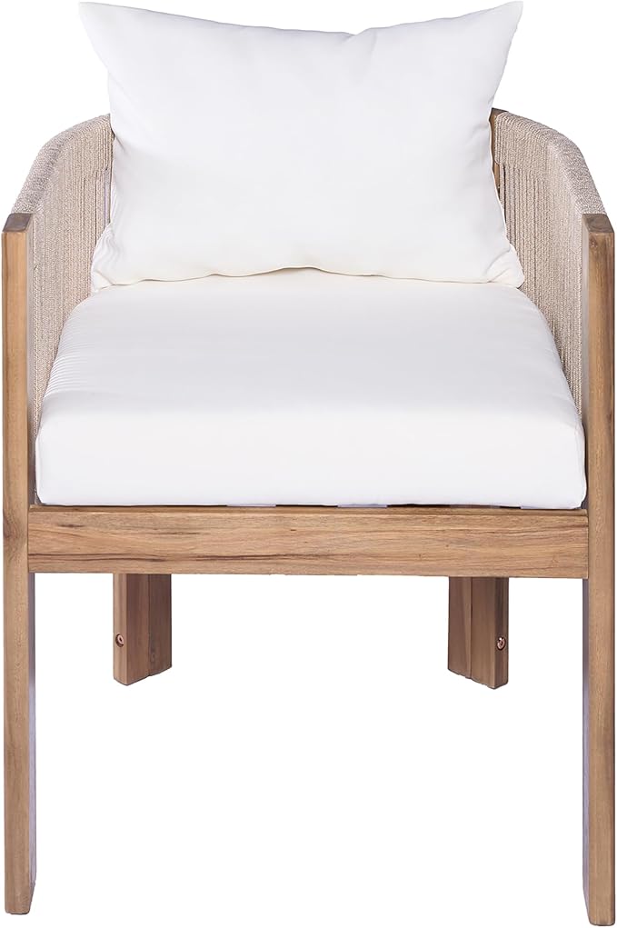 Christopher Knight Home Matera Dining Chair Set of 2, Acacia Wood Outdoor Accent Chair, Farmhouse Patio Kitchen Side Chair, Comfy Reading Chair, Round Backrest and Water Resistant Cushion,Teak+ Beige