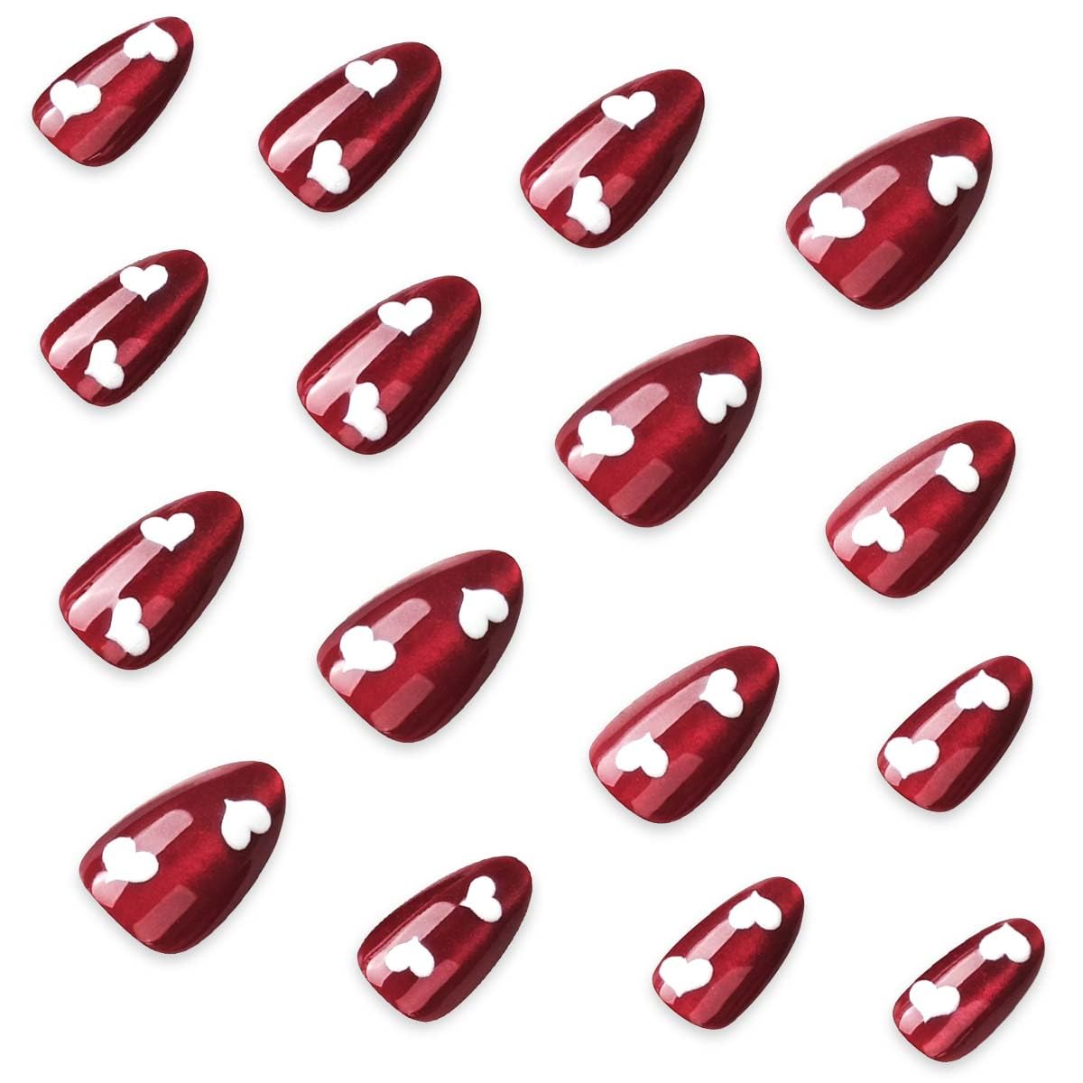 Valentine’s Day Press on Nails Medium Almond Fake Nails Burgundy Nails Press ons with Heart Design for Women