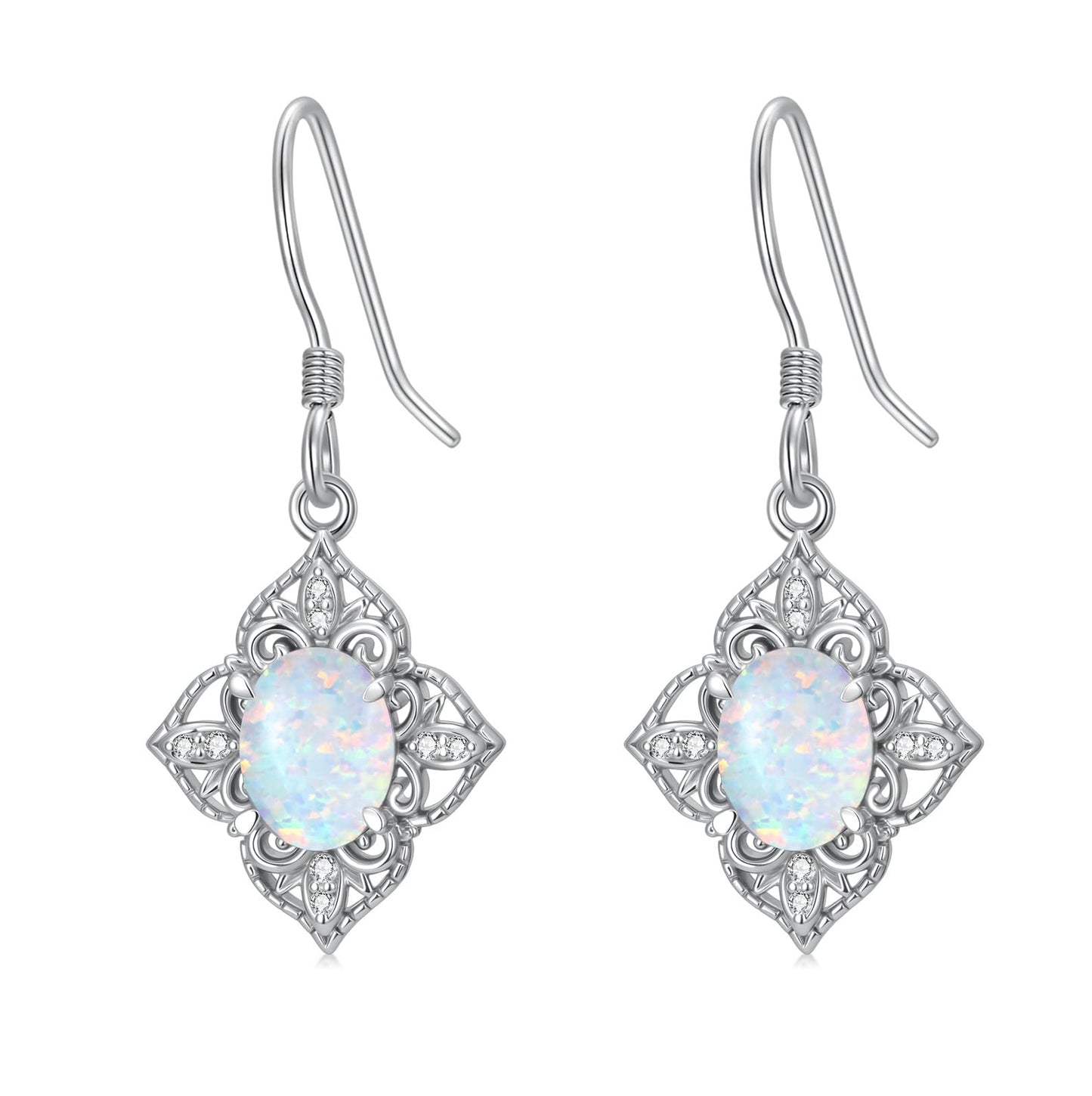 MOTIEL Vintage Opal Dangle Earrings for Women 925 Sterling Silver Genuine Opal Dangle Drop Earrings with Diamond October Birthstone Jewelry Gift for Mother Wife - Style A