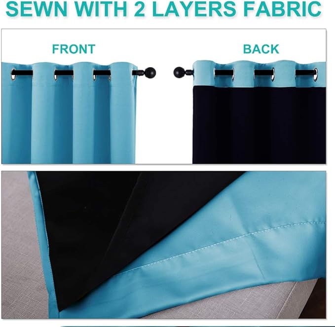 NICETOWN 100% Blackout Curtains 45 inches Long, Teal Blue, 1 Pair, 42 inches Width Each Panel, 2 Thick Layers Completely Blackout Window Treatment Thermal Insulated Lined Drapes for Small Window