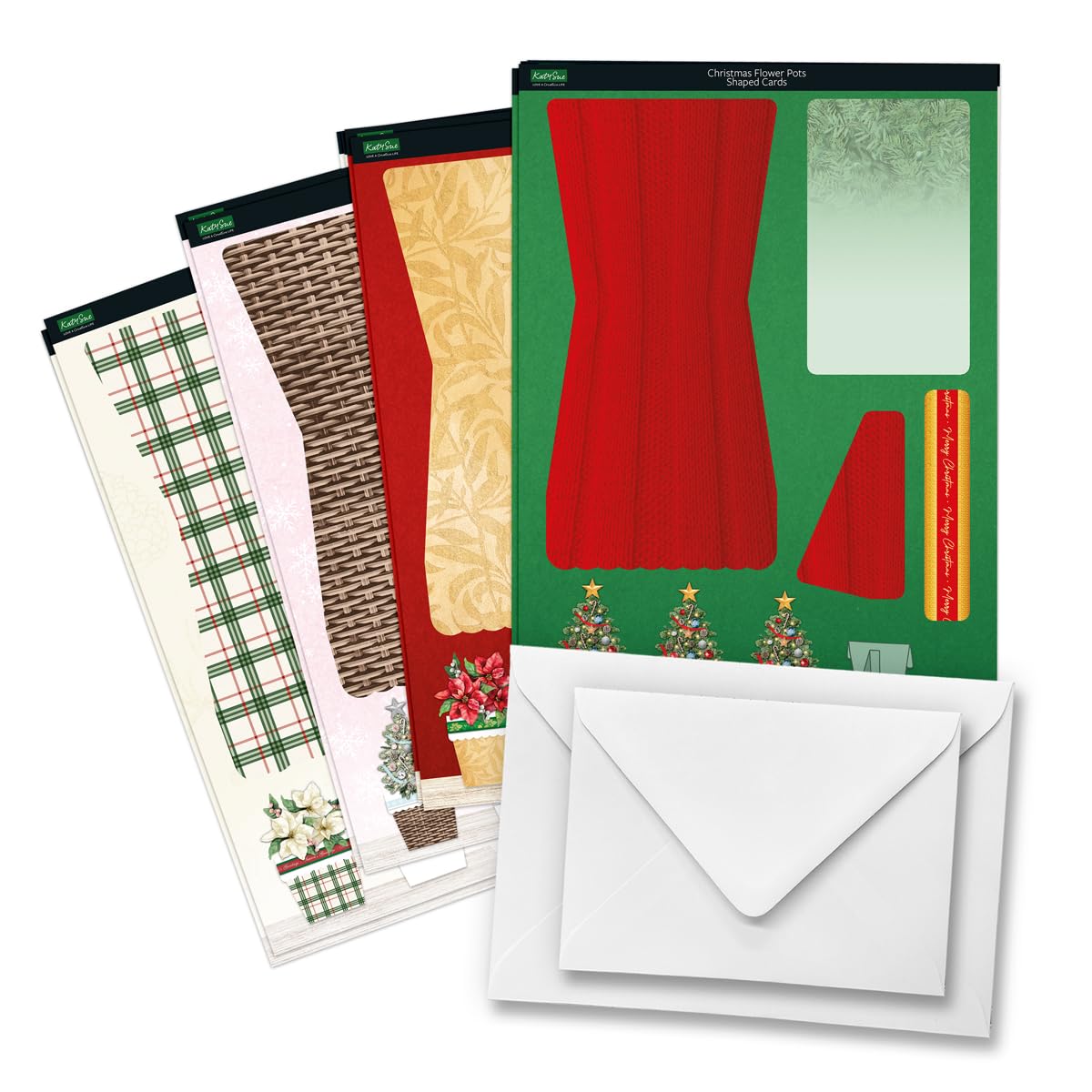 Katy Sue Christmas Flower Pots Card Making Kit. Contains 8 x 300 GSM Cards, Envelopes, 3D Die-Cut Decoupage, Paper Bows, Sticky Foam Pads & 2 Sheets of Christmas Sentiment Banners