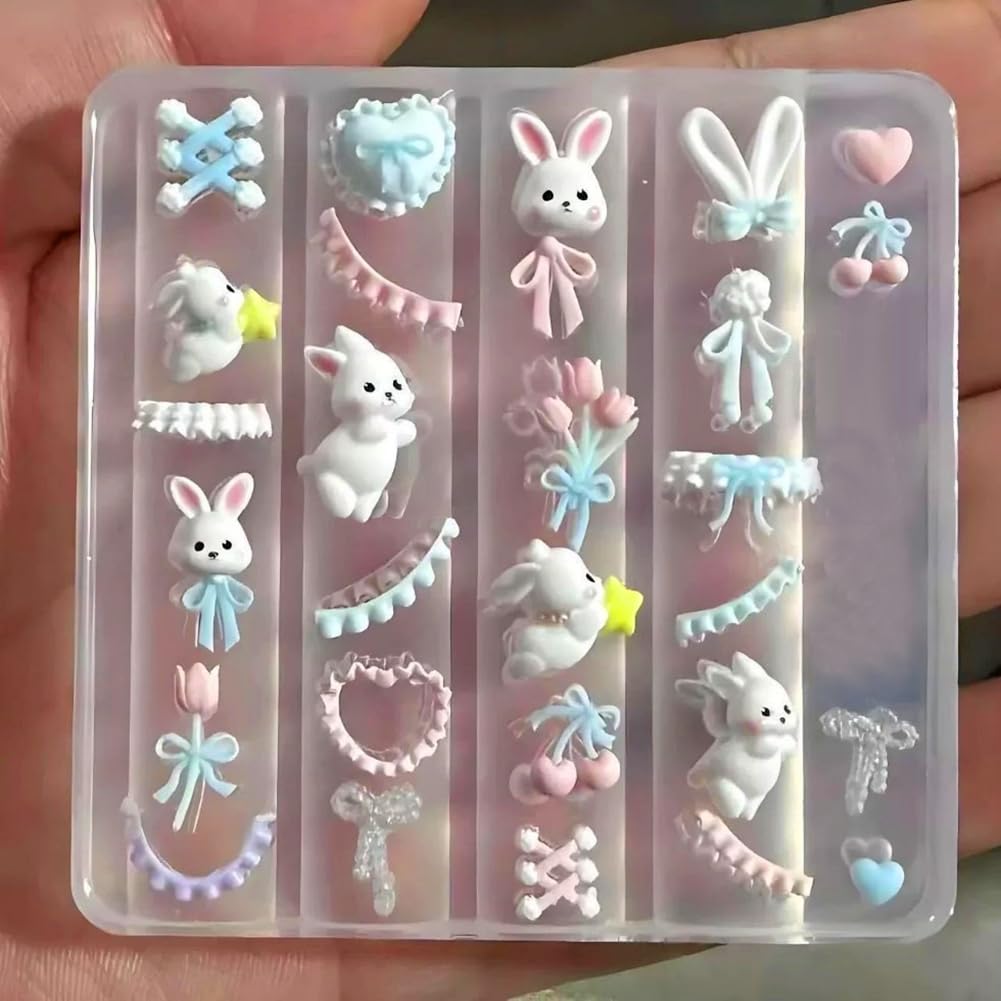 4pcs Silicone Nail Art Molds 3D Multiple Shapes Flowers Ribbon Lace Bows Bunny Butterfly Charm Molds with Carving Pen Clear Modeling Templates Manicure Tools for DIY Salon Nail Design