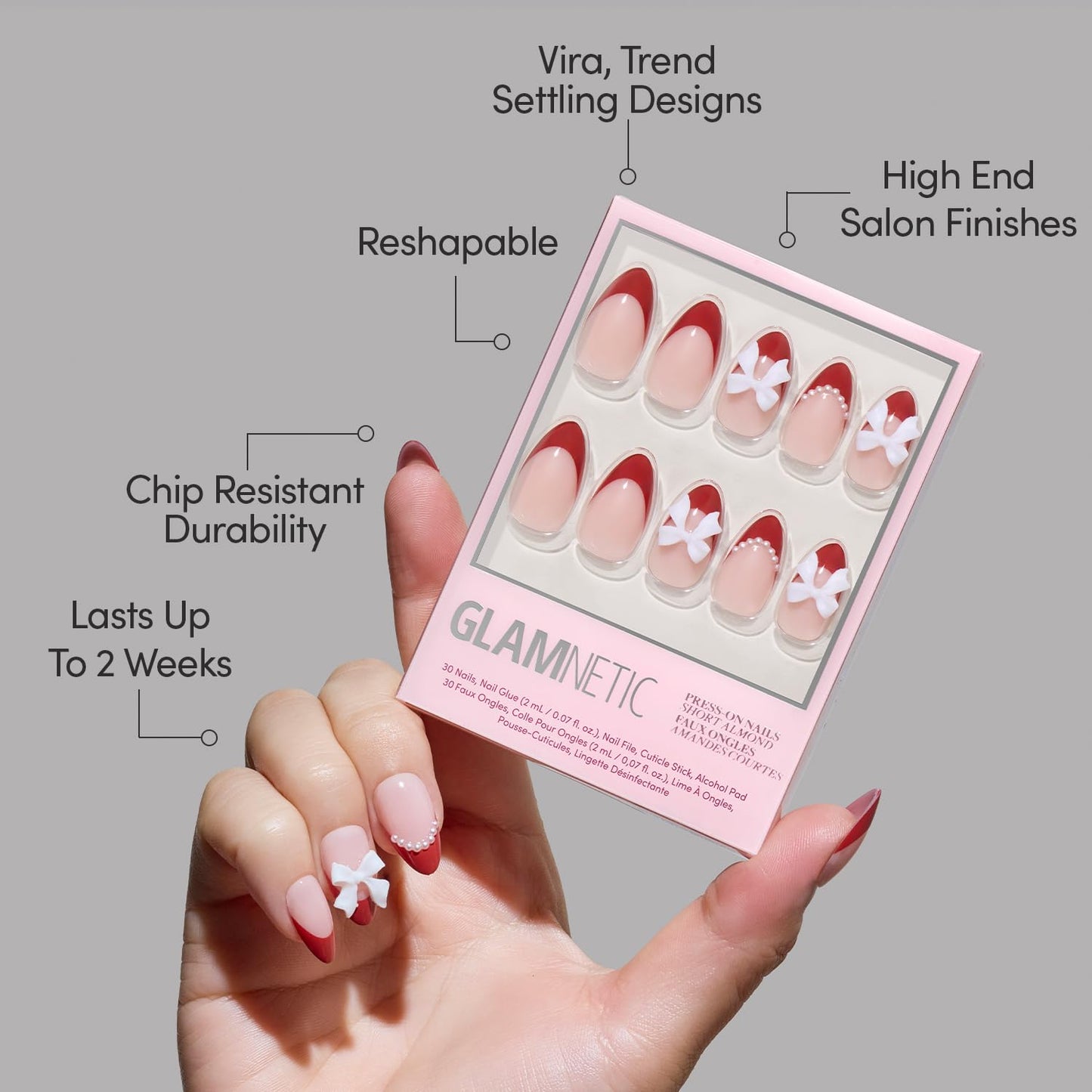 Glamnetic Press-On Nails Bundle - Ruby Ribbons & She's A Gift | Short Almond Fake Nails with Red French Tips & 3D Bows | Short Almond Fake Nails in Burgundy Chrome with French Tips and Ribbon Designs