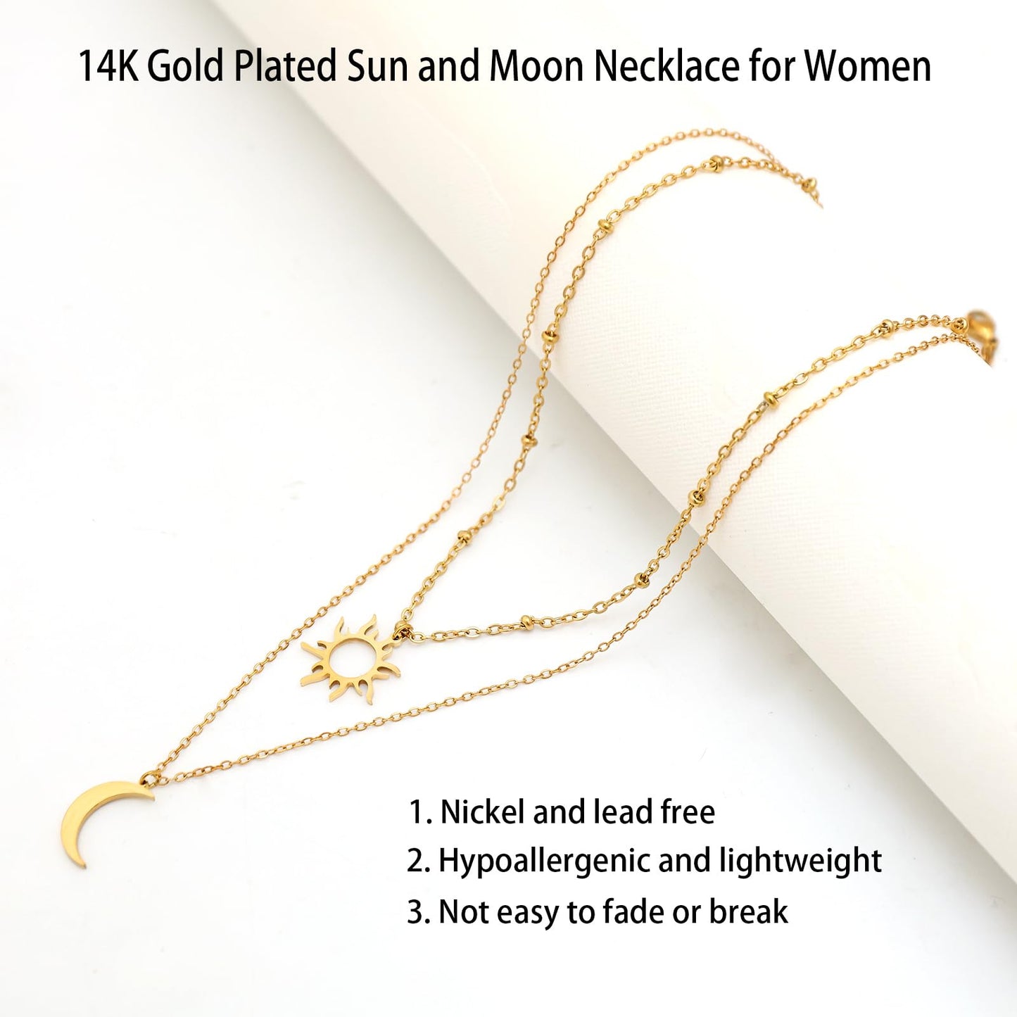 MAIKERDER Sun and Moon Necklace, 14k Gold Plated Dainty Crescent Moon Samll Sun Solar Pendant Necklaces Layered Necklace for Women